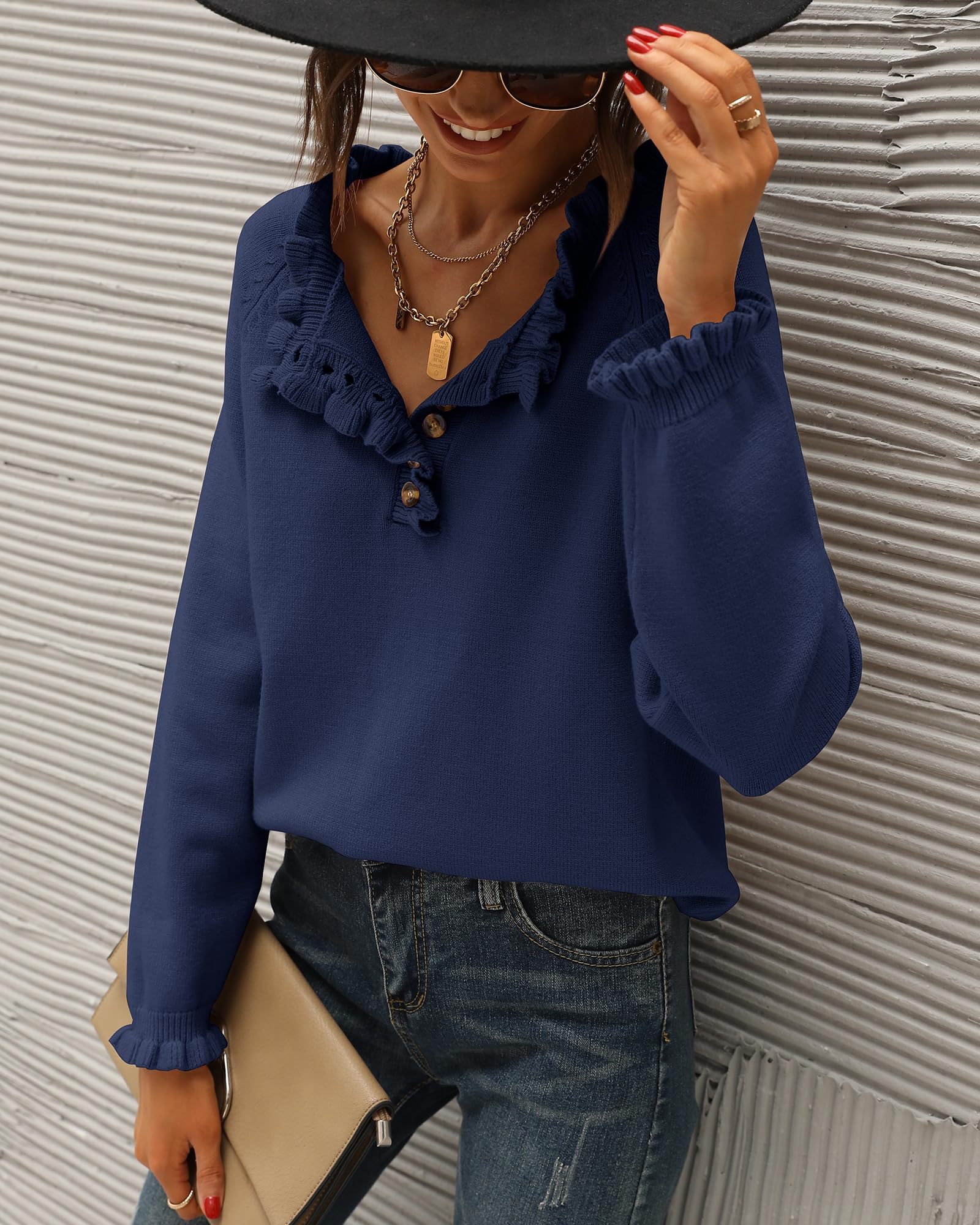 FreshPretty Womens Sweaters Fall Winter Clothes Long Sleeve Button Down Ruffle Crew Neck Casual Knitted Pullover Tops