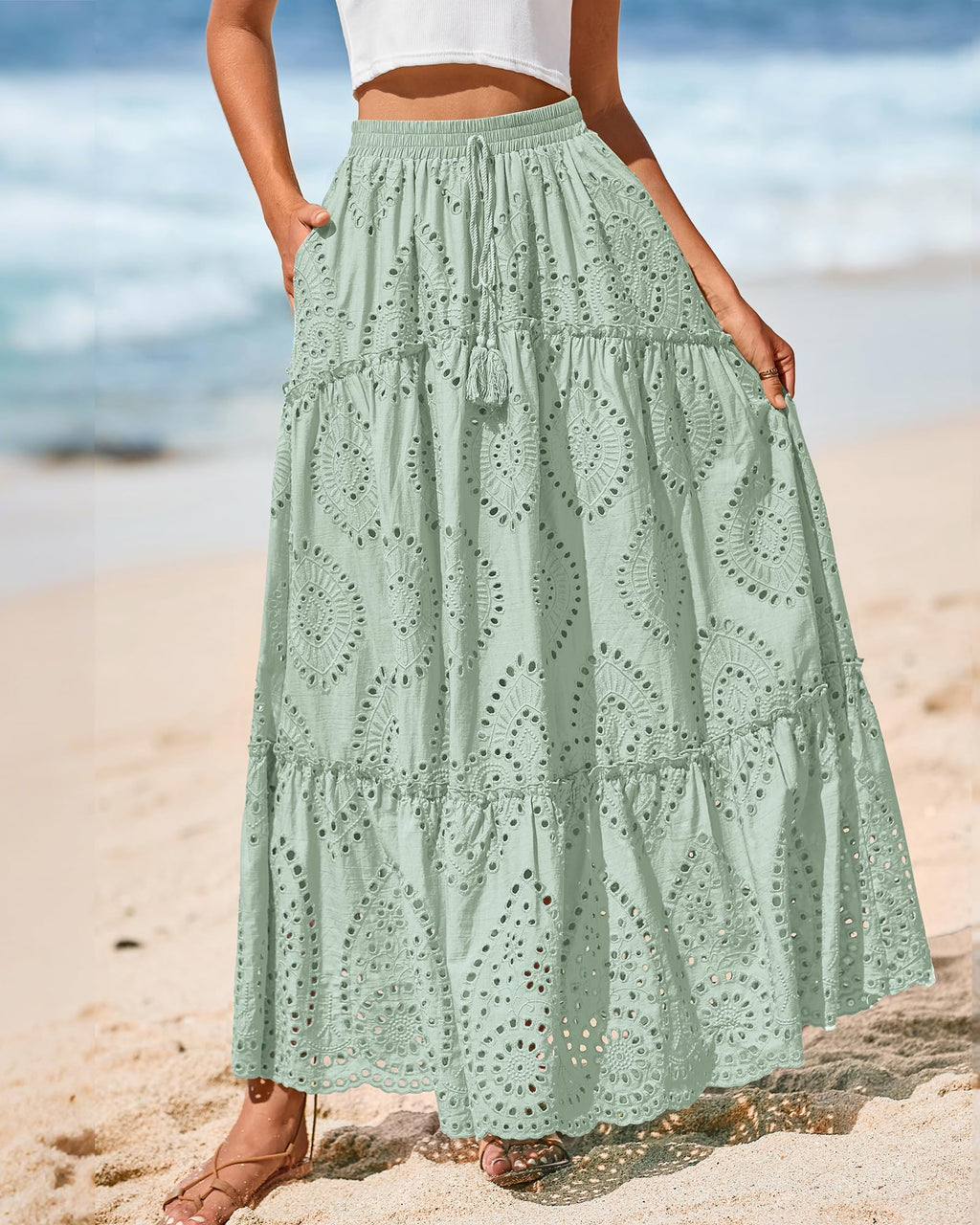 BTFBM Long Skirts for Women Summer Boho Lace Embroidery High Waist Flowy Tiered Spring Maxi Skirt Beach Vacation