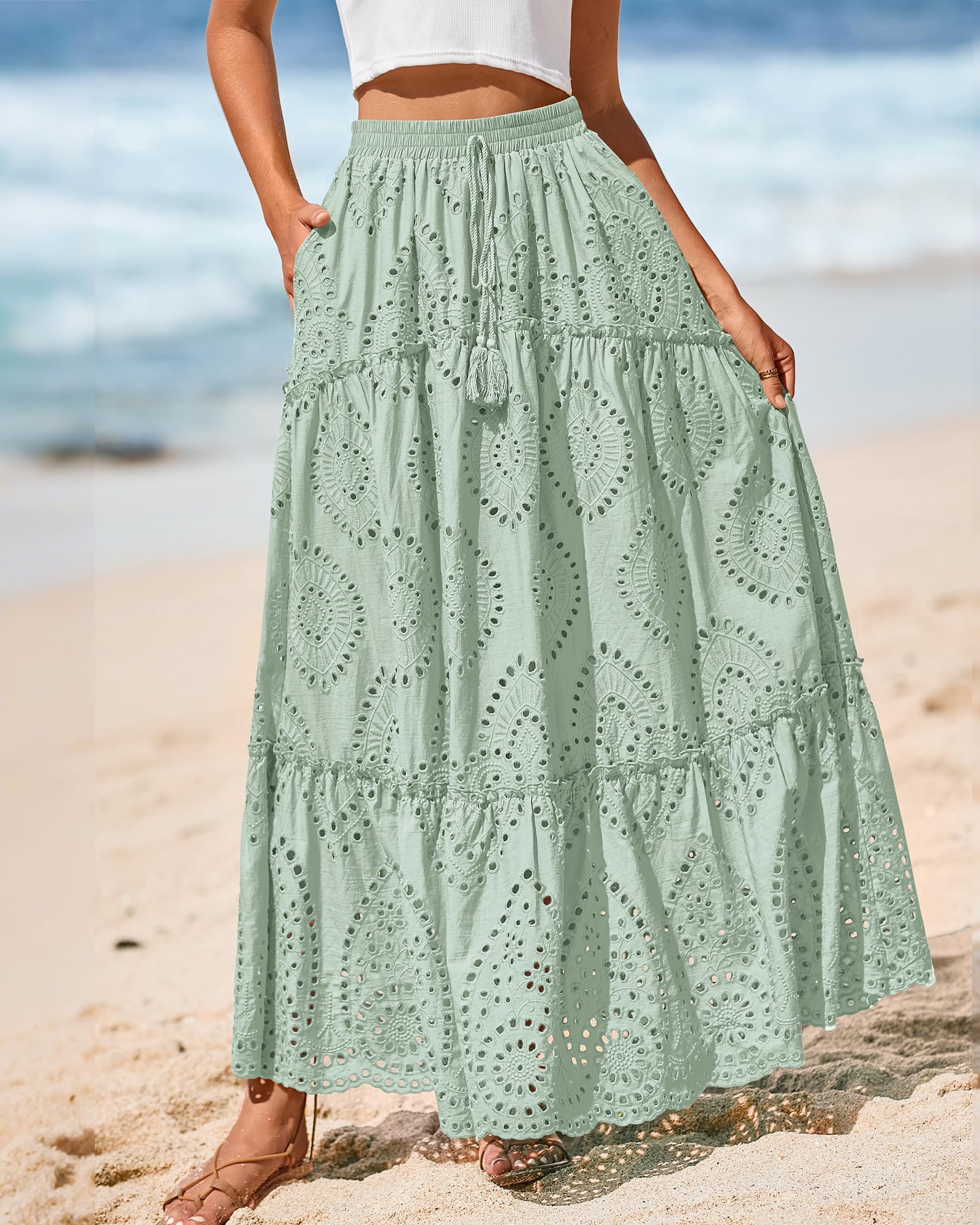 BTFBM Long Skirts for Women Summer Boho Lace Embroidery High Waist Flowy Tiered Spring Maxi Skirt Beach Vacation