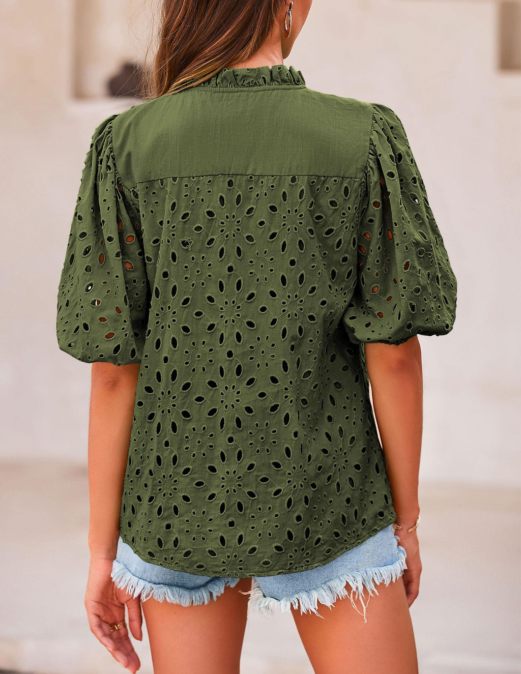 PRETTYGARDEN Women's Summer Tops Dressy Casual Short Sleeve V Neck Buttons Hollow Out Lace Embroidered Blouses Shirts