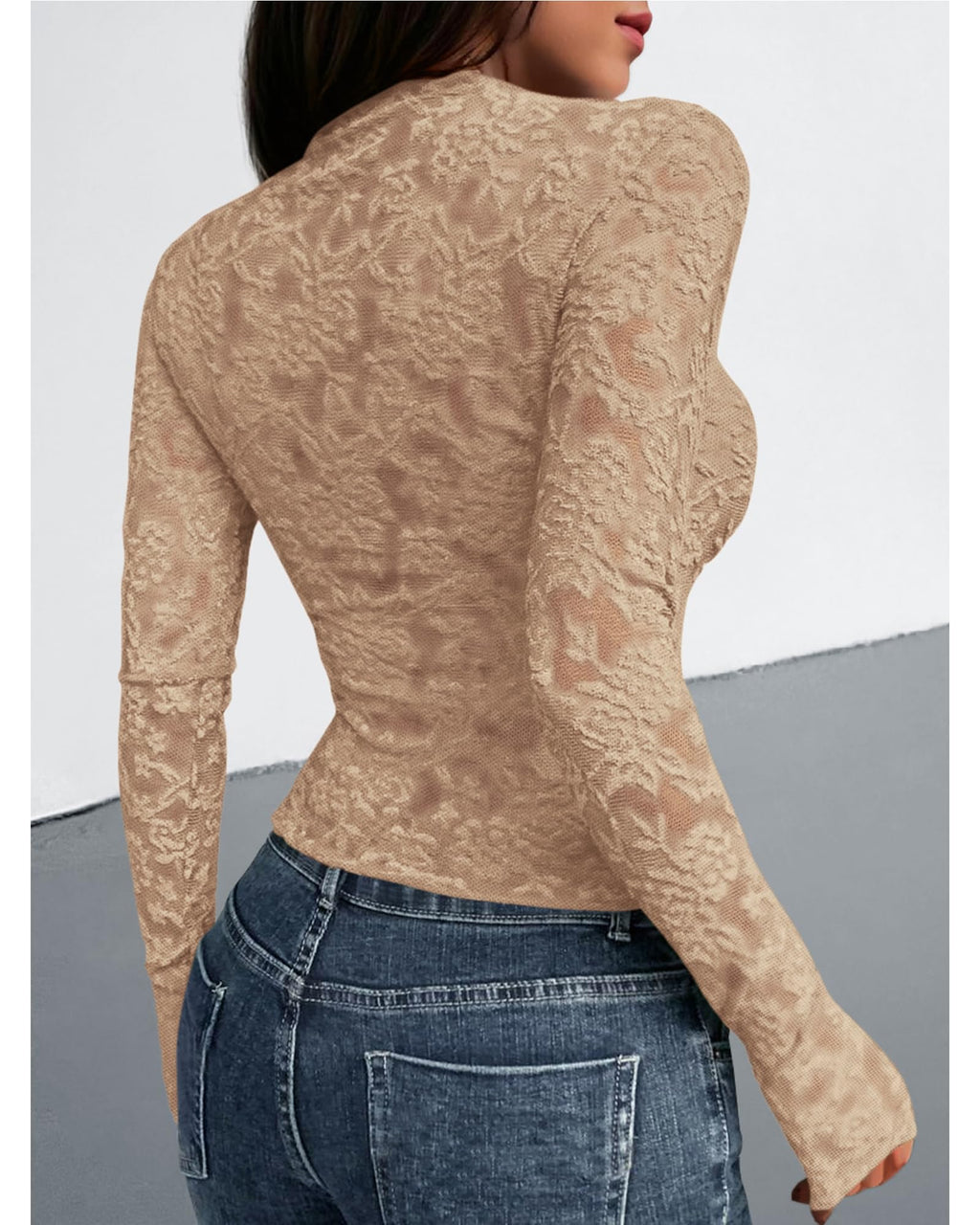FreshPretty Mesh Long Sleeve Tops for Women Lace Sexy Sheer Tight See Through Crew Neck Spring Fall Party Club Outfits