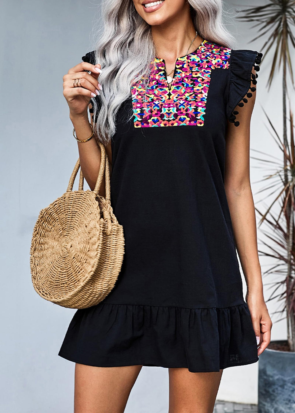 FreshPretty Women's Summer Mini Dress Casual V Neck Floral Embroidered Ruffle Sleeveless Shift Flowy Boho Dress