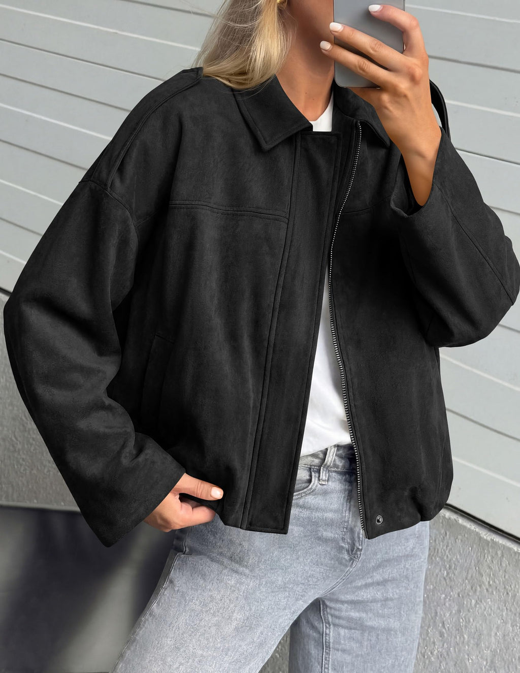 PRETTYGARDEN Women's Faux Suede Cropped Bomber Jacket | Long Sleeve Zip Up Casual Going Out Jackets Coat, Oversized Loose Fit Western Outfits, Trendy Outerwear, Fall Clothes