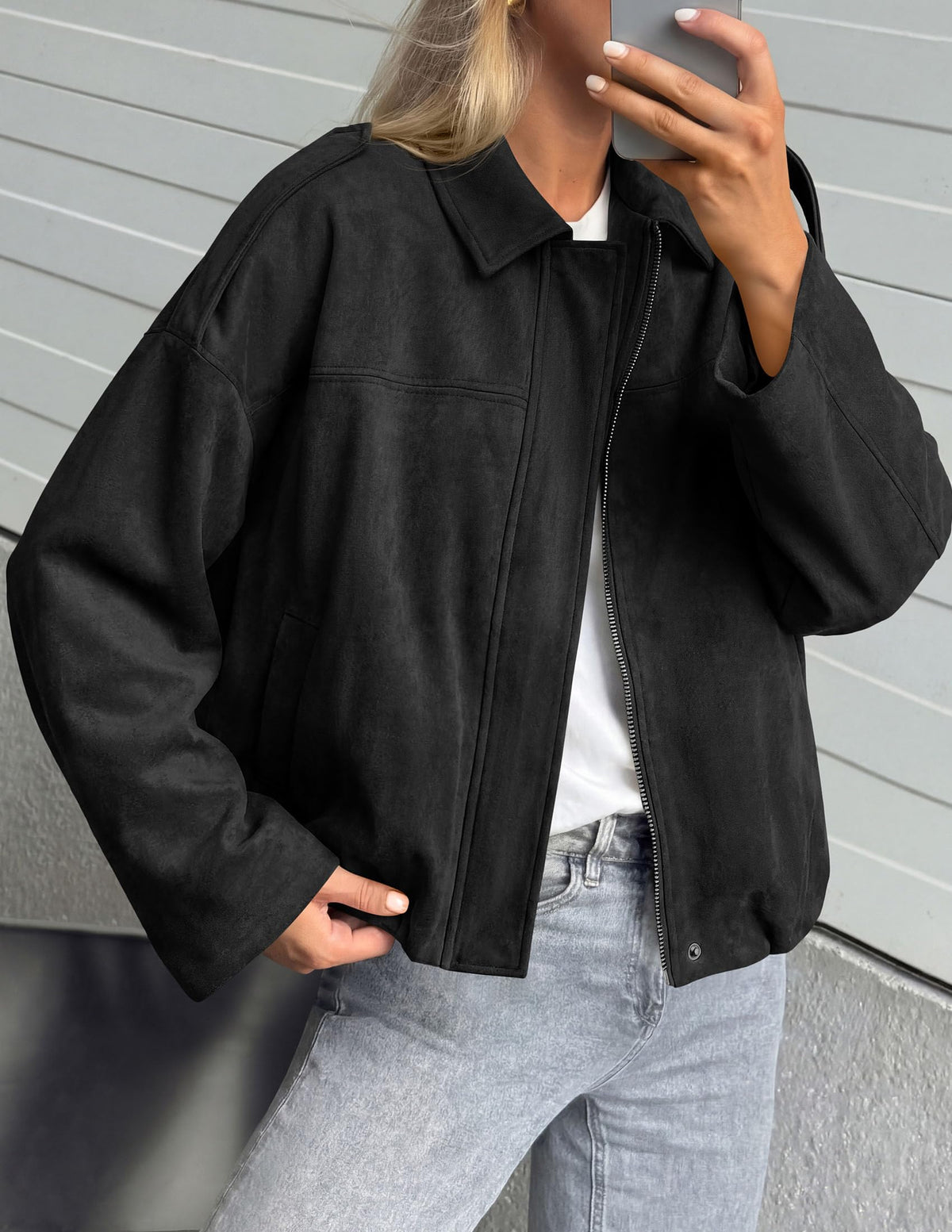 PRETTYGARDEN Women's Faux Suede Cropped Bomber Jacket | Long Sleeve Zip Up Casual Going Out Jackets Coat, Oversized Loose Fit Western Outfits, Trendy Outerwear, Fall Clothes