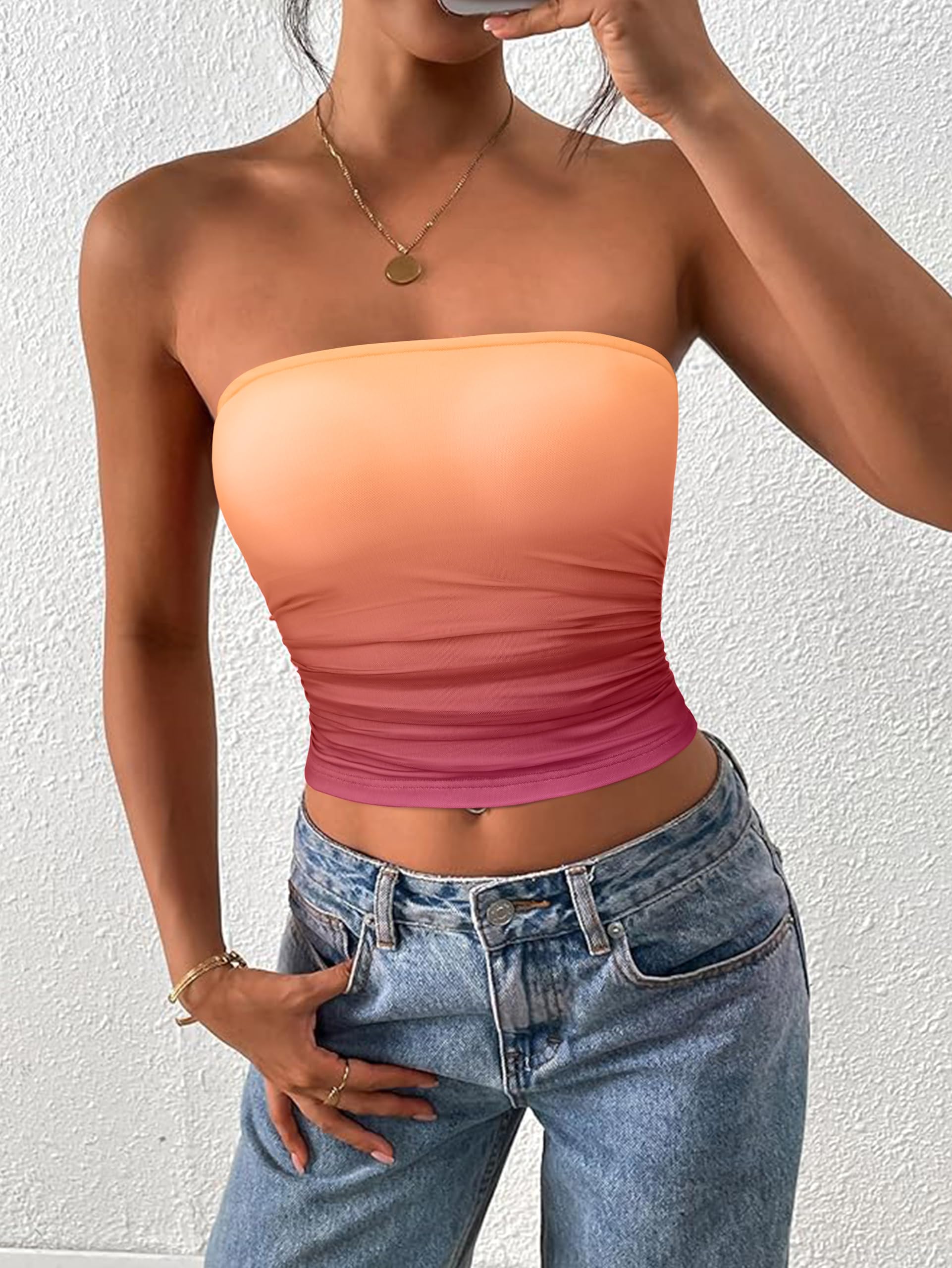 FreshPretty Womens Fashion Summer Floral Mesh Tube Top Ruched Going Out Bandeau Sleeveless Strapless Crop Tops Y2k Clothes