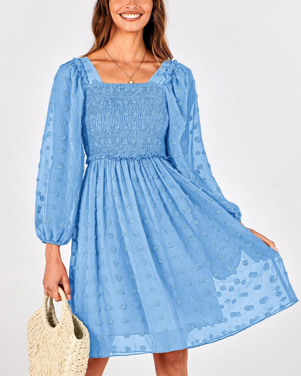 BTFBM Womens Long Sleeve Dress Summer Vacation Square Neck Smocked Floral Mini Boho Spring Wedding Guest Dresses