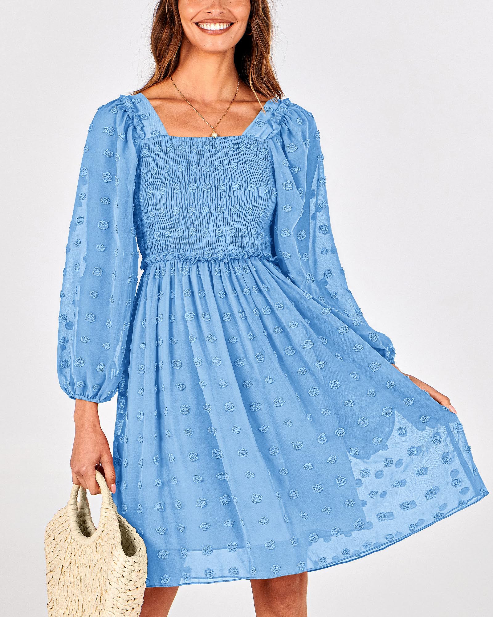 BTFBM Womens Long Sleeve Dress Summer Vacation Square Neck Smocked Floral Mini Boho Spring Wedding Guest Dresses