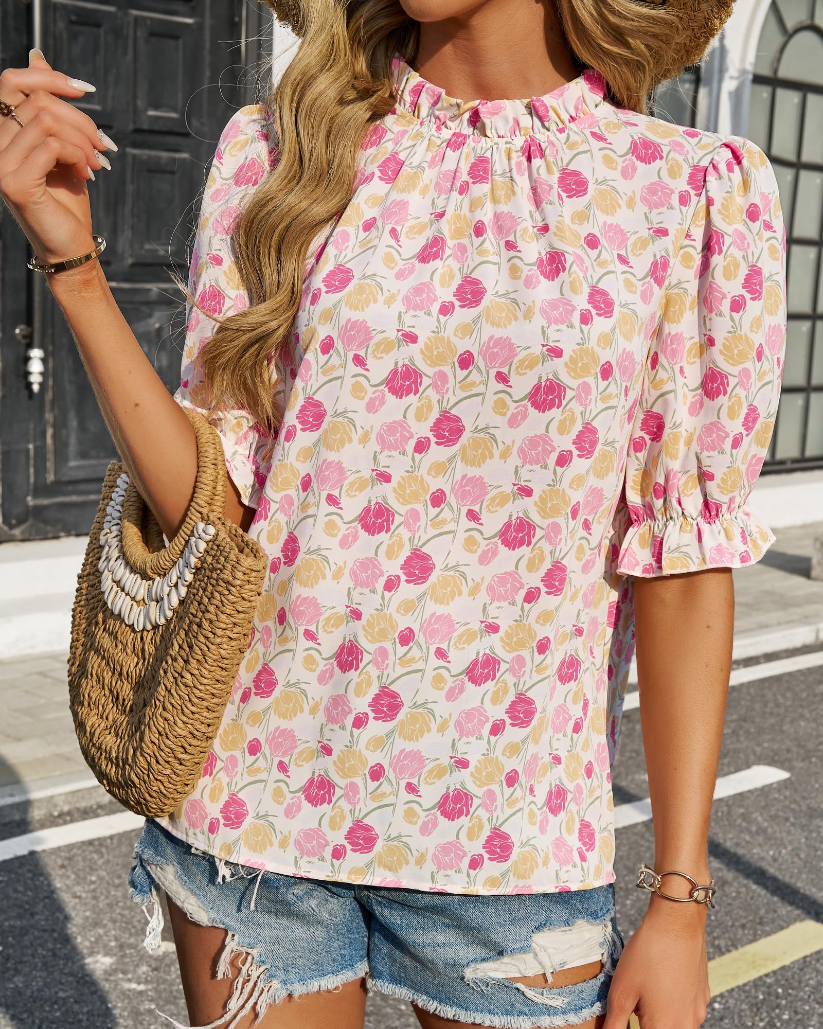 FreshPretty Women's Dressy Casual Blouses Business Work Tops Lace Trim Short Sleeve Office Shirts Summer Spring Outfits