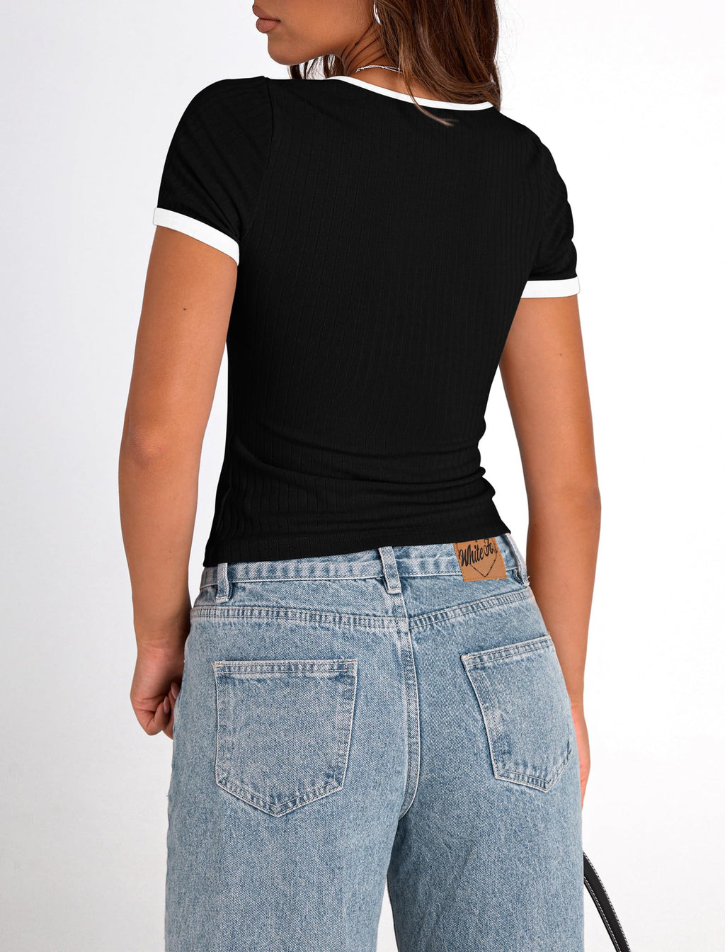 PRETTYGARDEN Women's Summer Short Sleeve T Shirts Ribbed Knit Square Neck Color Block Slim Fit Basic Casual Crop Tops Blouses