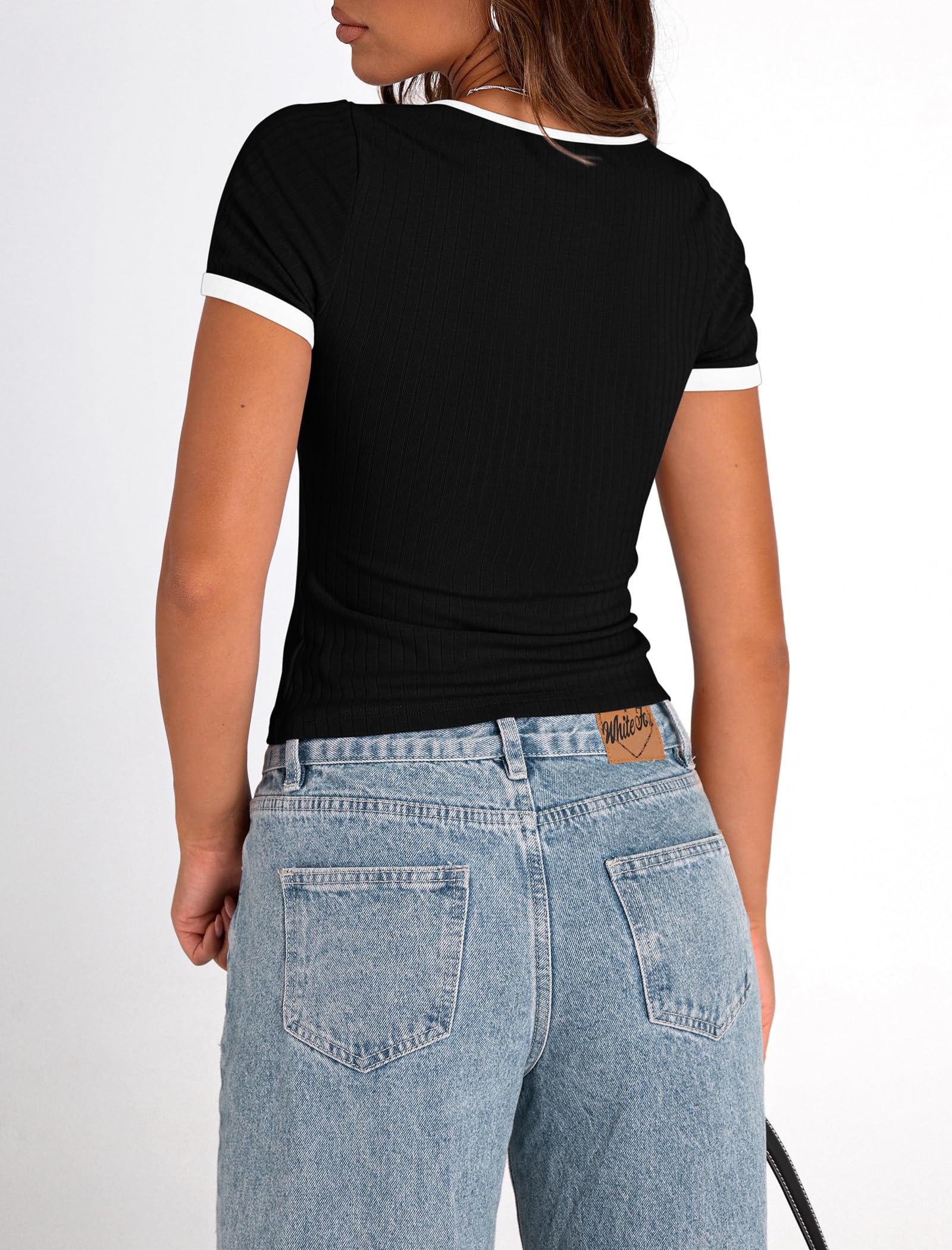 PRETTYGARDEN Women's Summer Short Sleeve T Shirts Ribbed Knit Square Neck Color Block Slim Fit Basic Casual Crop Tops Blouses