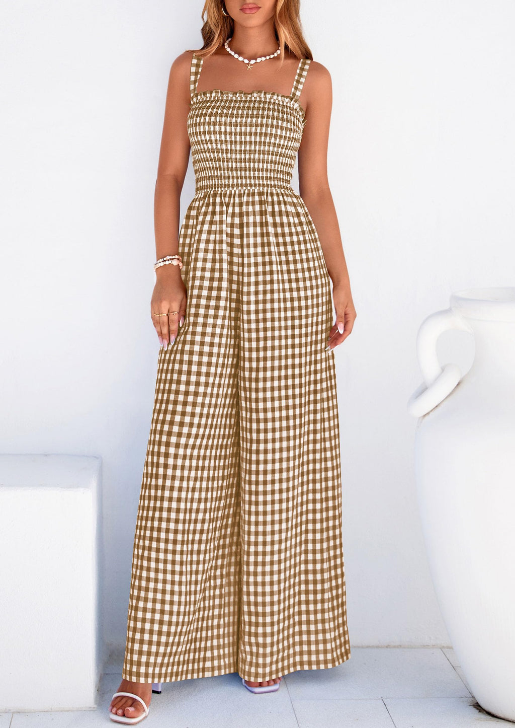 PRETTYGARDEN One Piece Jumpsuits for Women Casual Summer Cruise Outfits  Spring Fashion Smocked Wide Leg Gingham Rompers