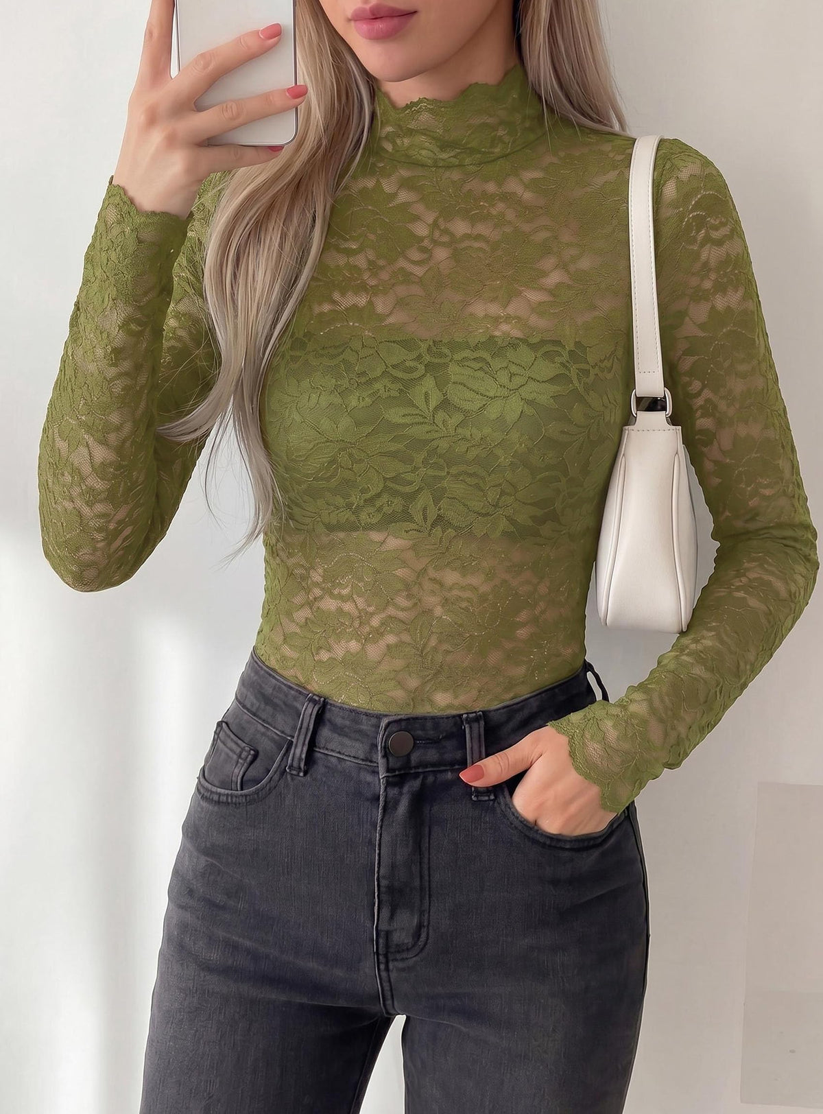 PRETTYGARDEN Womens Lace Long Sleeve Tops Sheer Mesh Blouse | Mock Neck Floral See Through, Slim Fitted, Soft Stretchy Elegant, Going Out Concert, Club Party Outfits, Fall Fashion Clothes