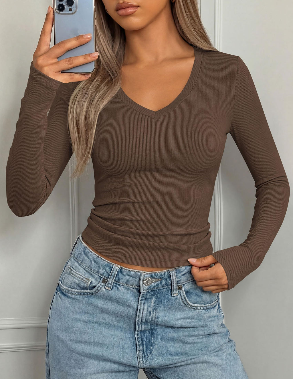 PRETTYGARDEN Long Sleeve Shirts for Women Fall V Neck Basic Tee Casual Fitted Ribbed Going Out Tops Kint Y2K Clothes