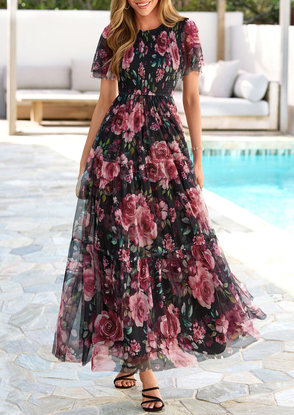 PRETTYGARDEN Tulle Floral Dress Women Summer Wedding Guest  Spring Short Sleeve Maxi Smocked Flowy Beach Party Dresses
