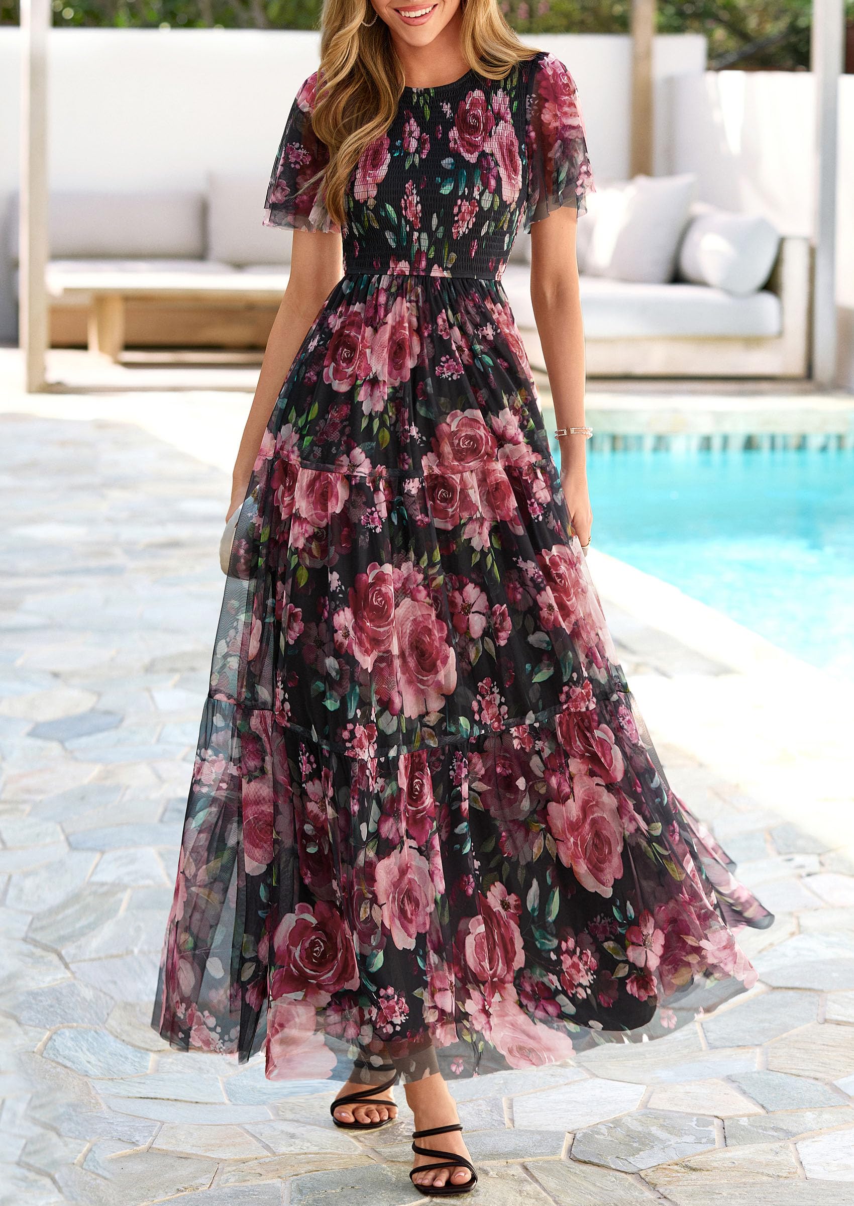 PRETTYGARDEN Tulle Floral Dress Women Summer Wedding Guest  Spring Short Sleeve Maxi Smocked Flowy Beach Party Dresses