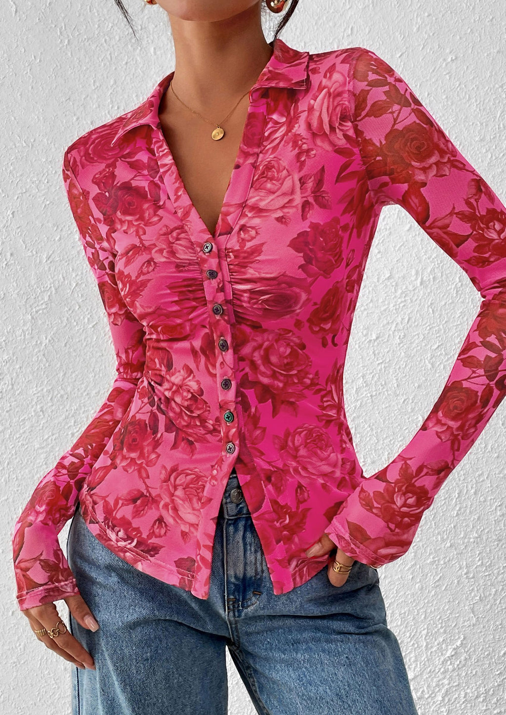 PRETTYGARDEN Women Button Down Floral Shirts Fall Trendy Long Sleeve V Neck Mesh Boho Blouse Spring Tops Date Outfits
