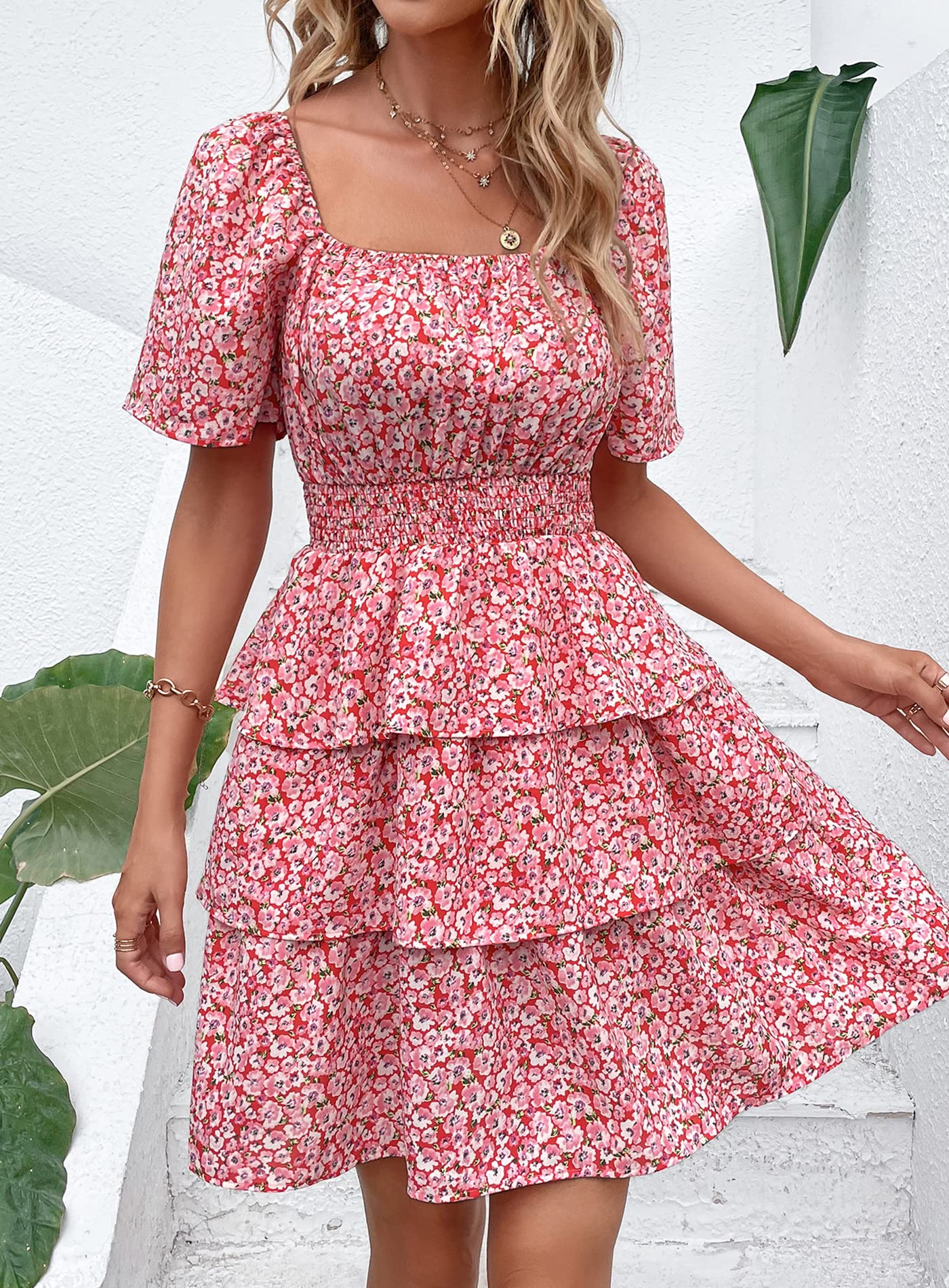 PRETTYGARDEN Women's  Floral Summer Short Dress Square Neck Short Sleeve Tiered Ruffle Boho Swing Dresses