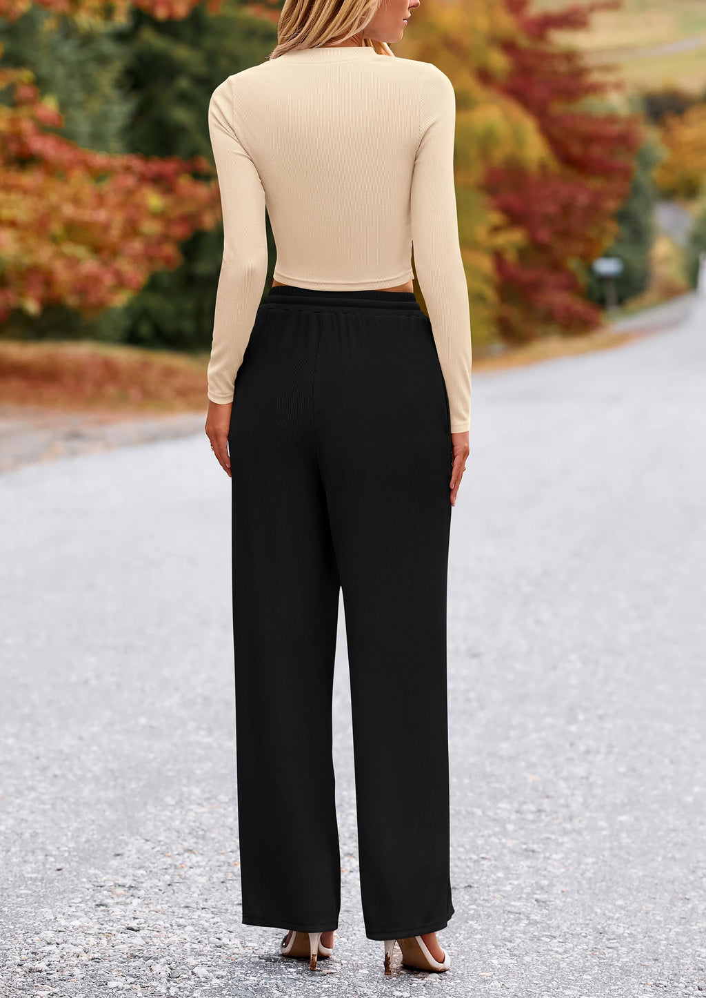 PRETTYGARDEN Women's 2 Piece Loungewear Long Sleeve Crop Top Wide Leg Palazzo Pants Set Tracksuits Casual Outfit