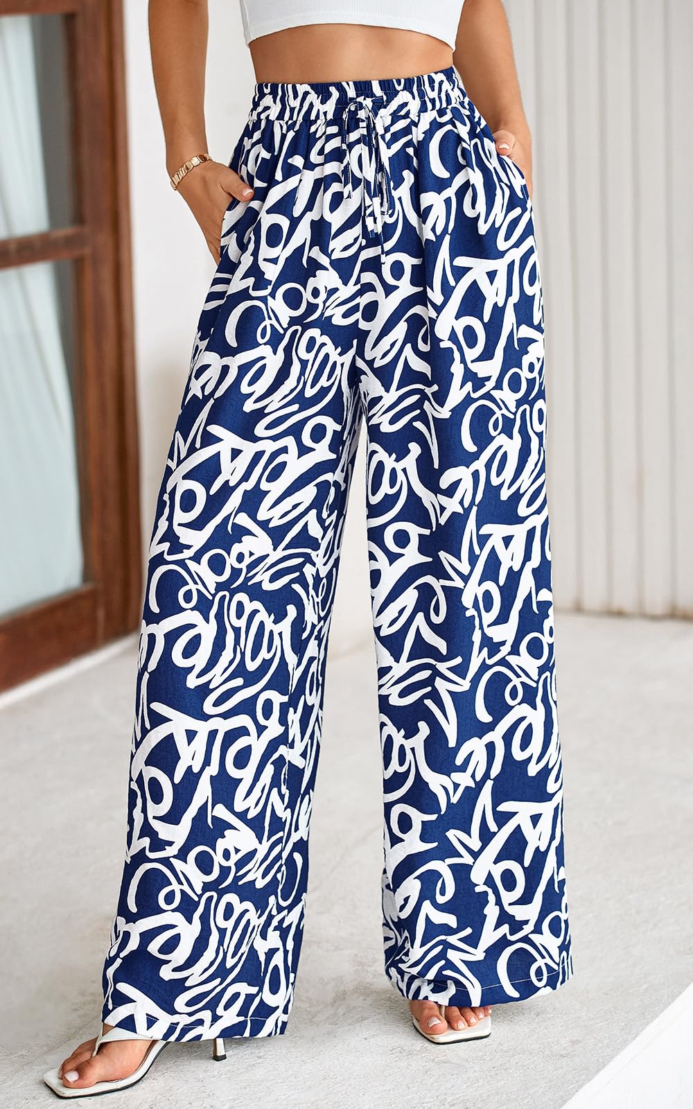 PRETTYGARDEN Womens Pants Elastic Waist Floral Lightweight Palazzo Pants for Women Casual Lounge Wide Leg Pants Woman