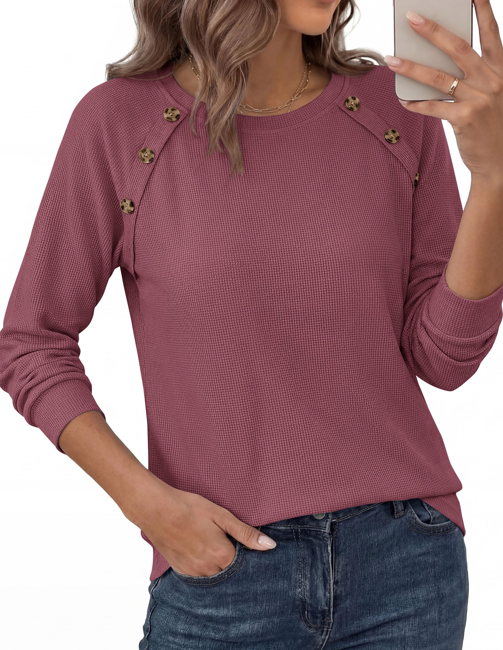 PRETTYGARDEN Long Sleeve Shirts for Women Waffle Knit Tops Fall Fashion Dressy Casual Loose Tunic Blouse Winter Clothing