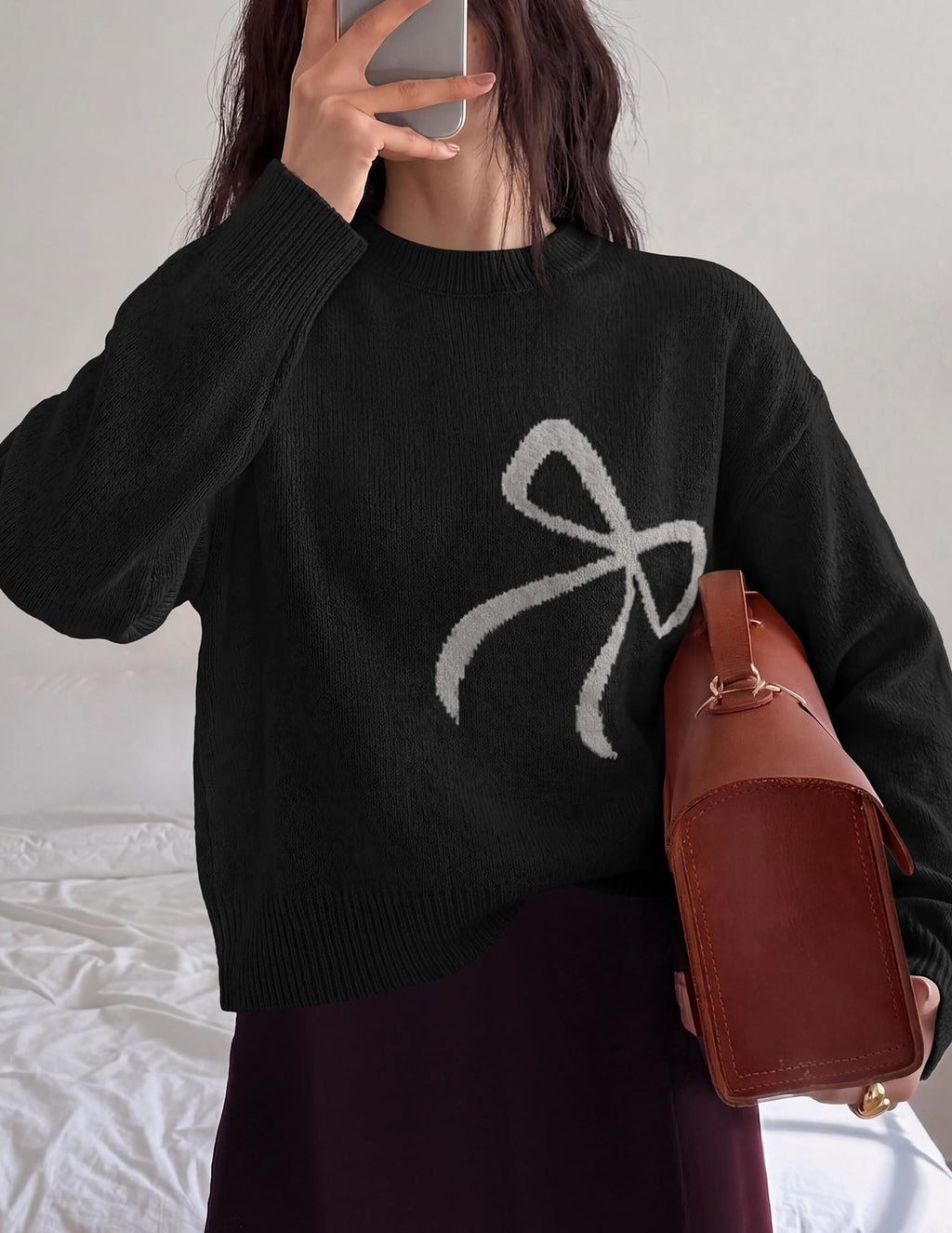 PRETTYGARDEN Womens Bow Sweater Cute Crewneck Long Sleeve Tops Fall Soft Cozy Knit Pullover,Relaxed Fit,Holiday Sweaters,Daily Wear,Work Office,Casual Going Out Y2k Tops,Winter Fashion Clothing