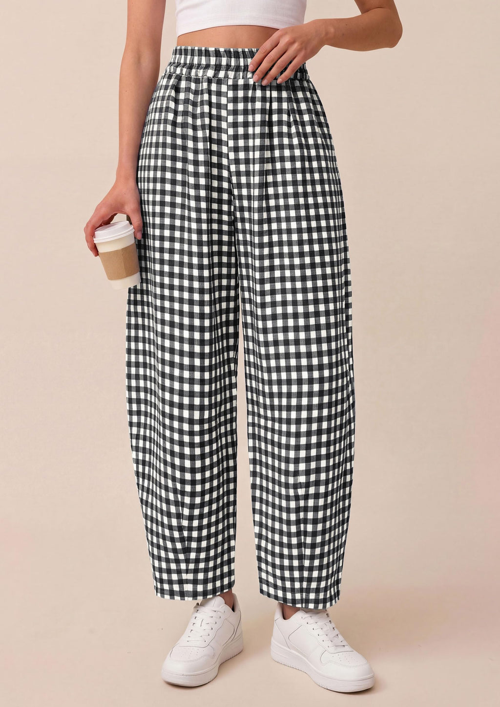 PRETTYGARDEN Plaid Barrel Pants Women Summer Casual Loose Wide Leg Lounge Gingham Trousers Spring Fashion Beach Bottoms
