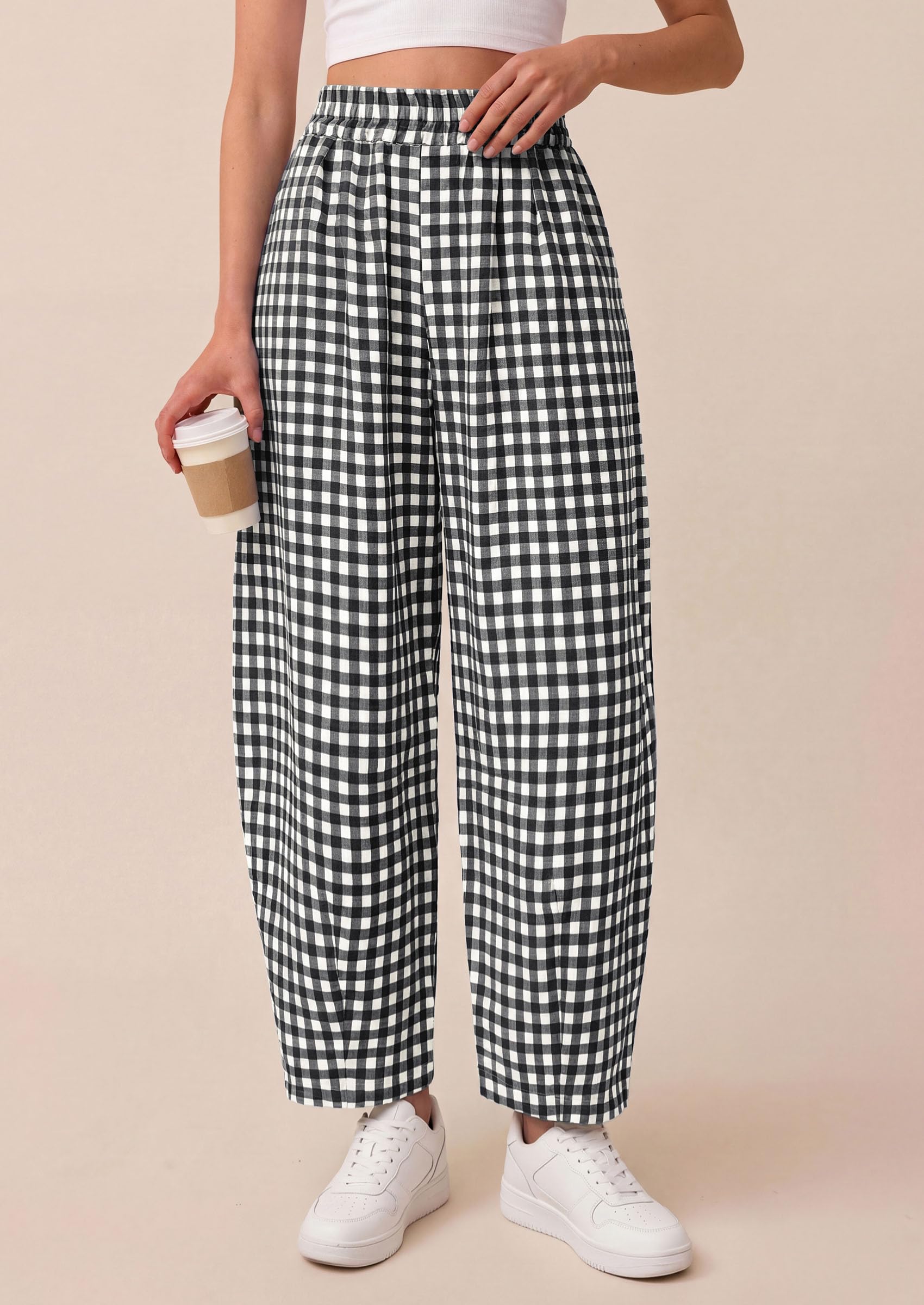 PRETTYGARDEN Plaid Barrel Pants Women Summer Casual Loose Wide Leg Lounge Gingham Trousers Spring Fashion Beach Bottoms