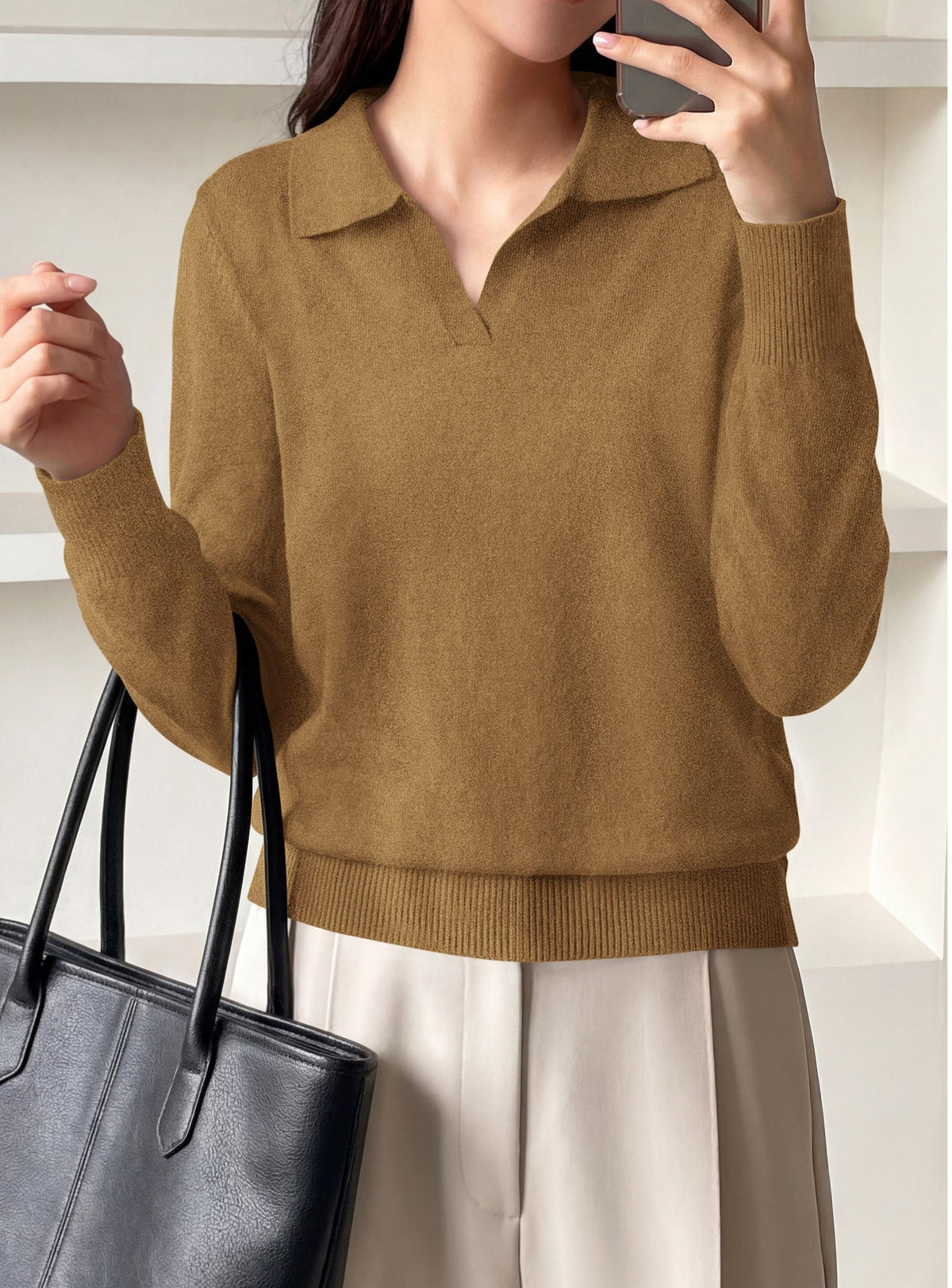PRETTYGARDEN Womens Long Sleeve Collared Polo Sweater | Breathable Soft Ribbed Knit, Lapel V Neck Pullover Sweaters, Business Casual Work Office Tops, 2026 Trendy Fall Outfits