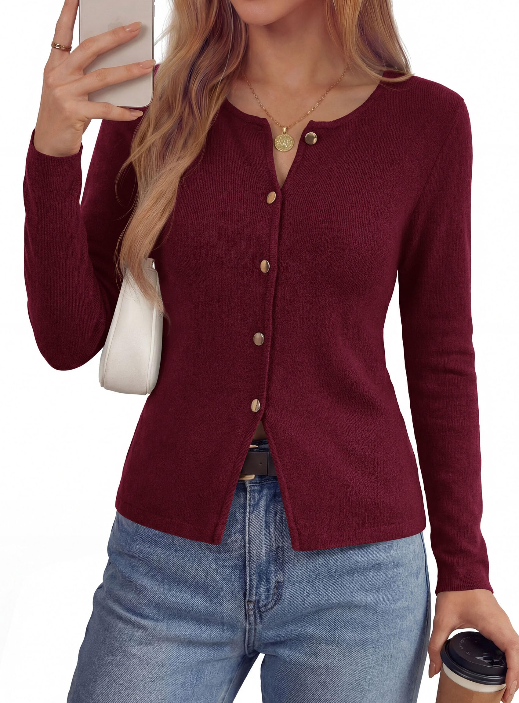 PRETTYGARDEN Button Up Cardigan Sweaters for Women | Slim Fitted Knitwear,Long Sleeve Lightweight Knit Cardigans,Business Casual Outfits Work Tops,Layering Piece for Fall&Winter