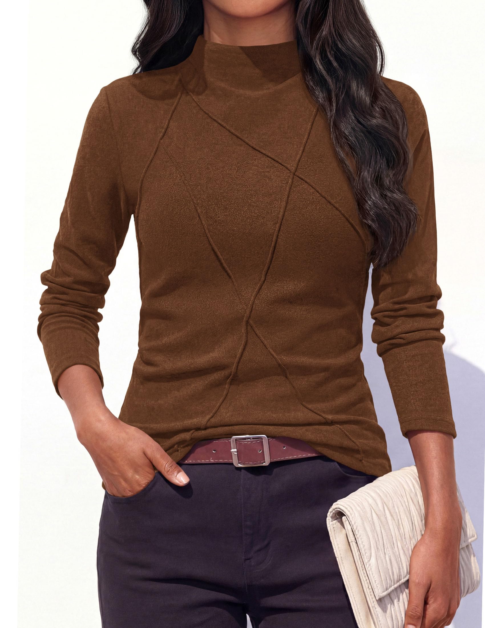 PRETTYGARDEN Women's Fall Mock Neck Long Sleeve Shirts | Soft Stretchy Knit,Geometric Seam Stitching,Slim Fitted Basic Tees,Thermal Casual Wear,Daily Work Layering Winter Tunic Top