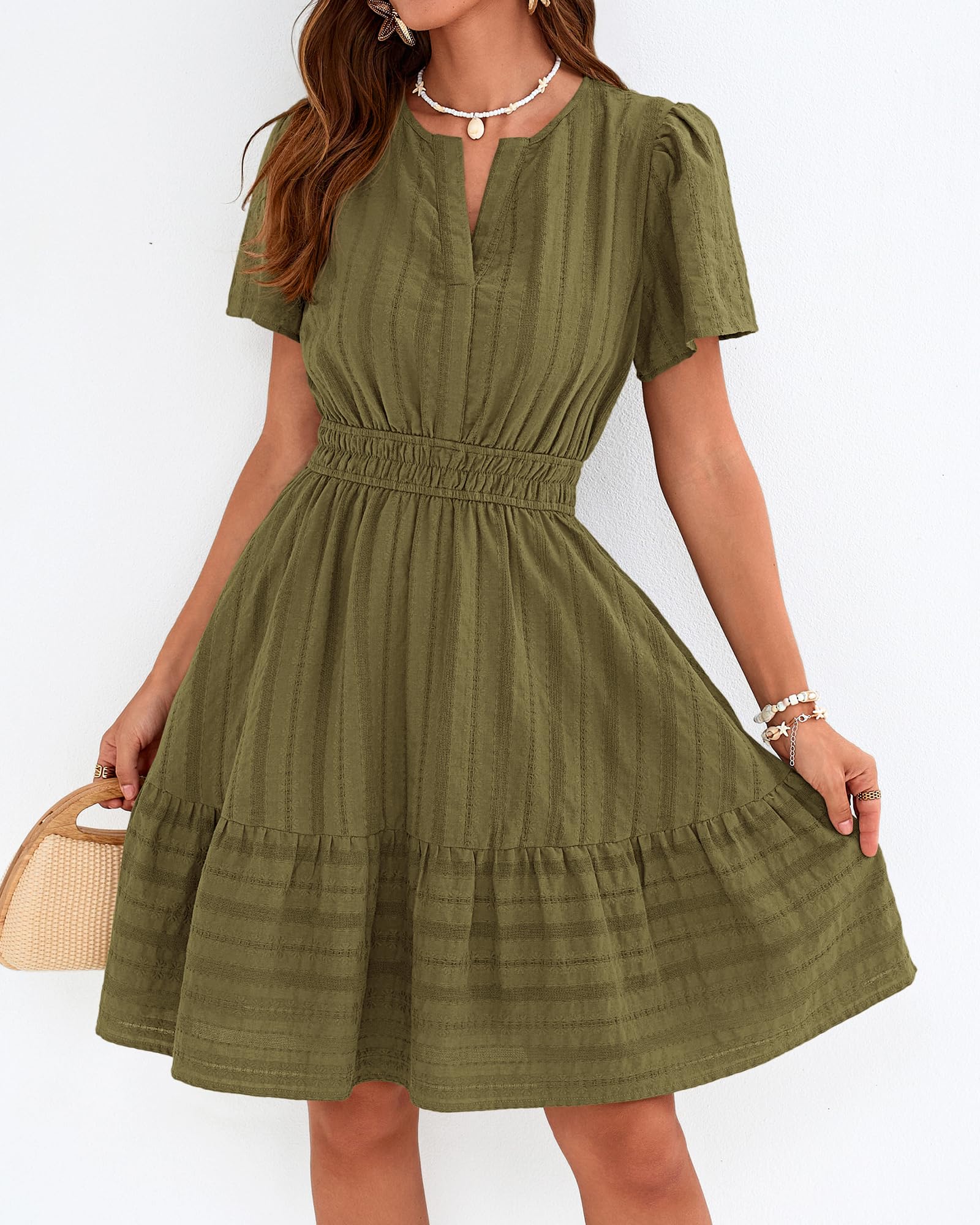 BTFBM Womens Spring  Casual Mini Dresses Lightweight Short Sleeve V Neck Elastic Waist Cute Boho Beach Dress Pockets