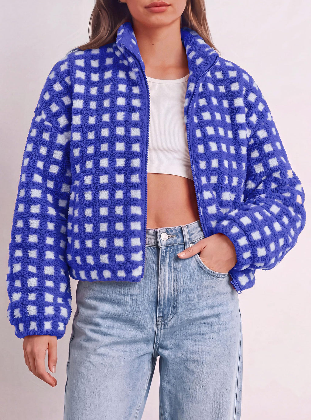 PRETTYGARDEN Women's Gingham Sherpa Fleece Jacket Plaid Cropped Teddy Coat Trendy Y2K Winter Jacket, Zip Up Stand Collar, Side Pockets, Fall Outfit for Casual Daily, Going Out, Streetwear, Outdoor