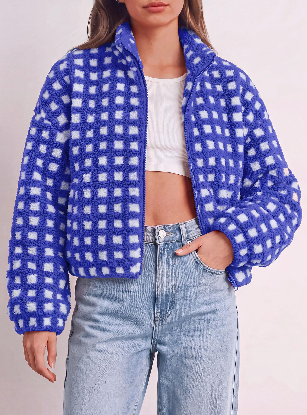PRETTYGARDEN Women's Gingham Sherpa Fleece Jacket Plaid Cropped Teddy Coat Trendy Y2K Winter Jacket, Zip Up Stand Collar, Side Pockets, Fall Outfit for Casual Daily, Going Out, Streetwear, Outdoor