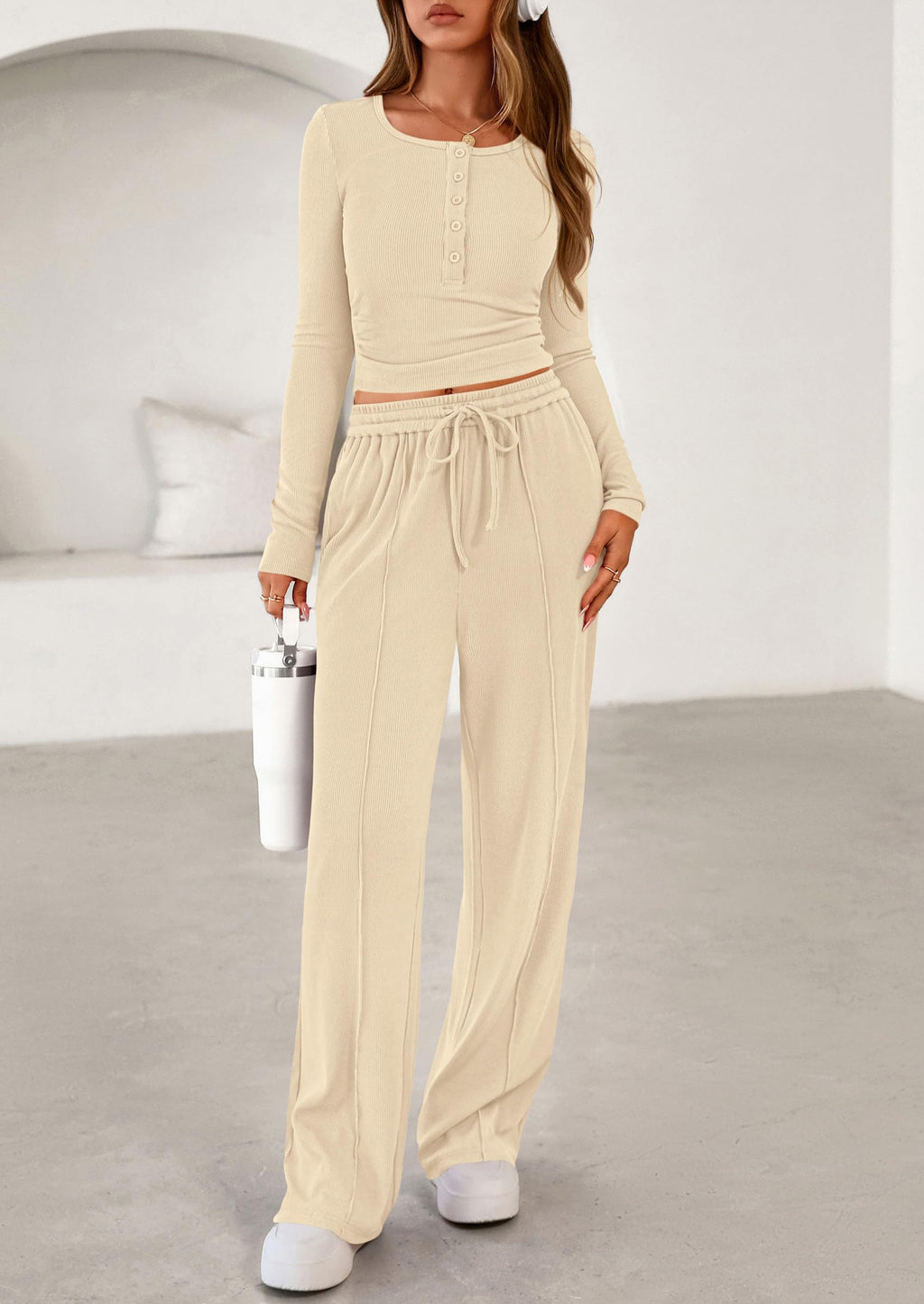 PRETTYGARDEN Women's  Fall Trendy 2 Piece Outfits Lounge Sets Long Sleeve Top Henley Shirts Wide Leg Pants Travel Clothes