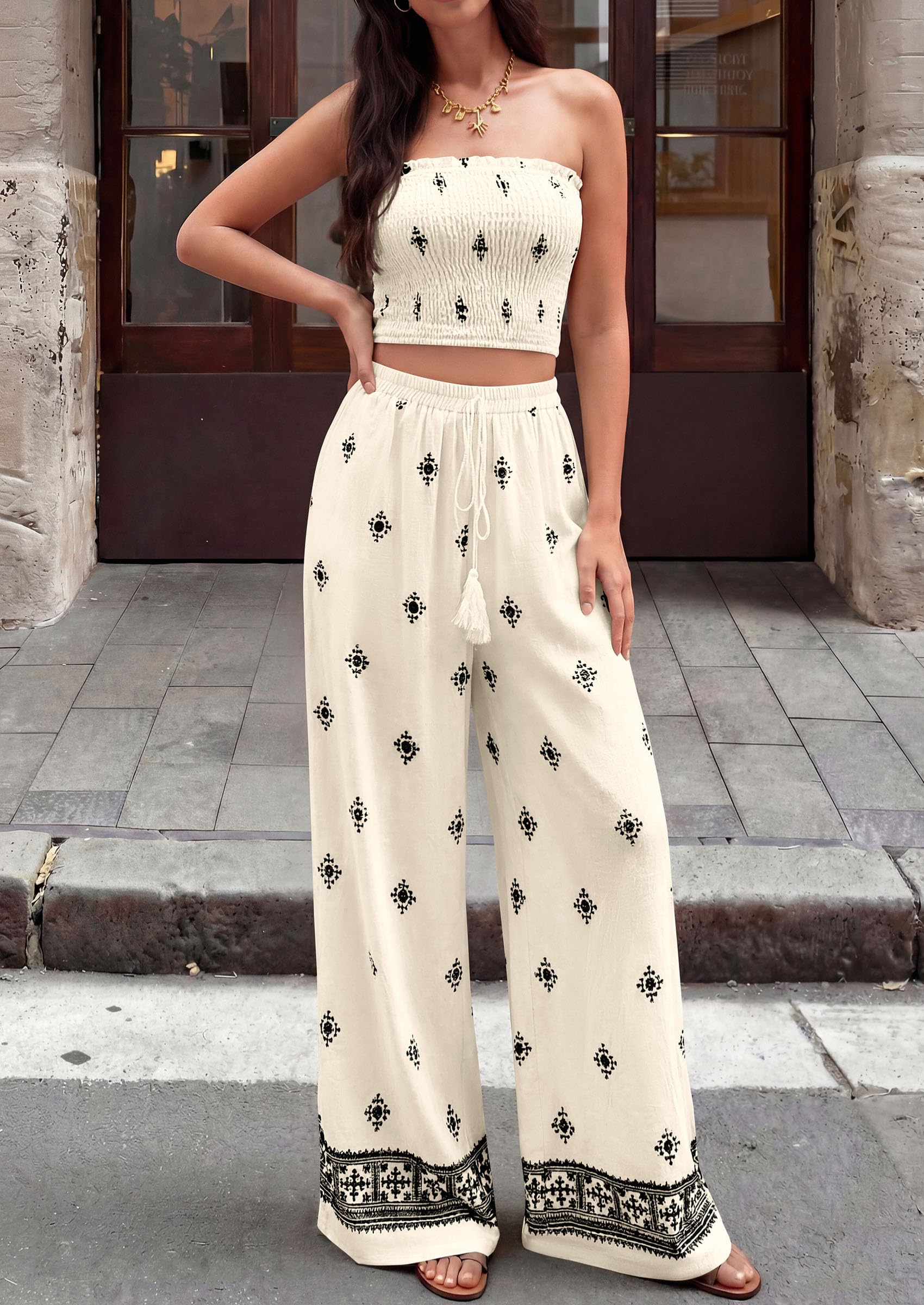 PRETTYGARDEN 2 Piece Sets for Women Summer  Travel Outfits Print Tube Tops Wide Leg Pants Beach Vacation Clothes