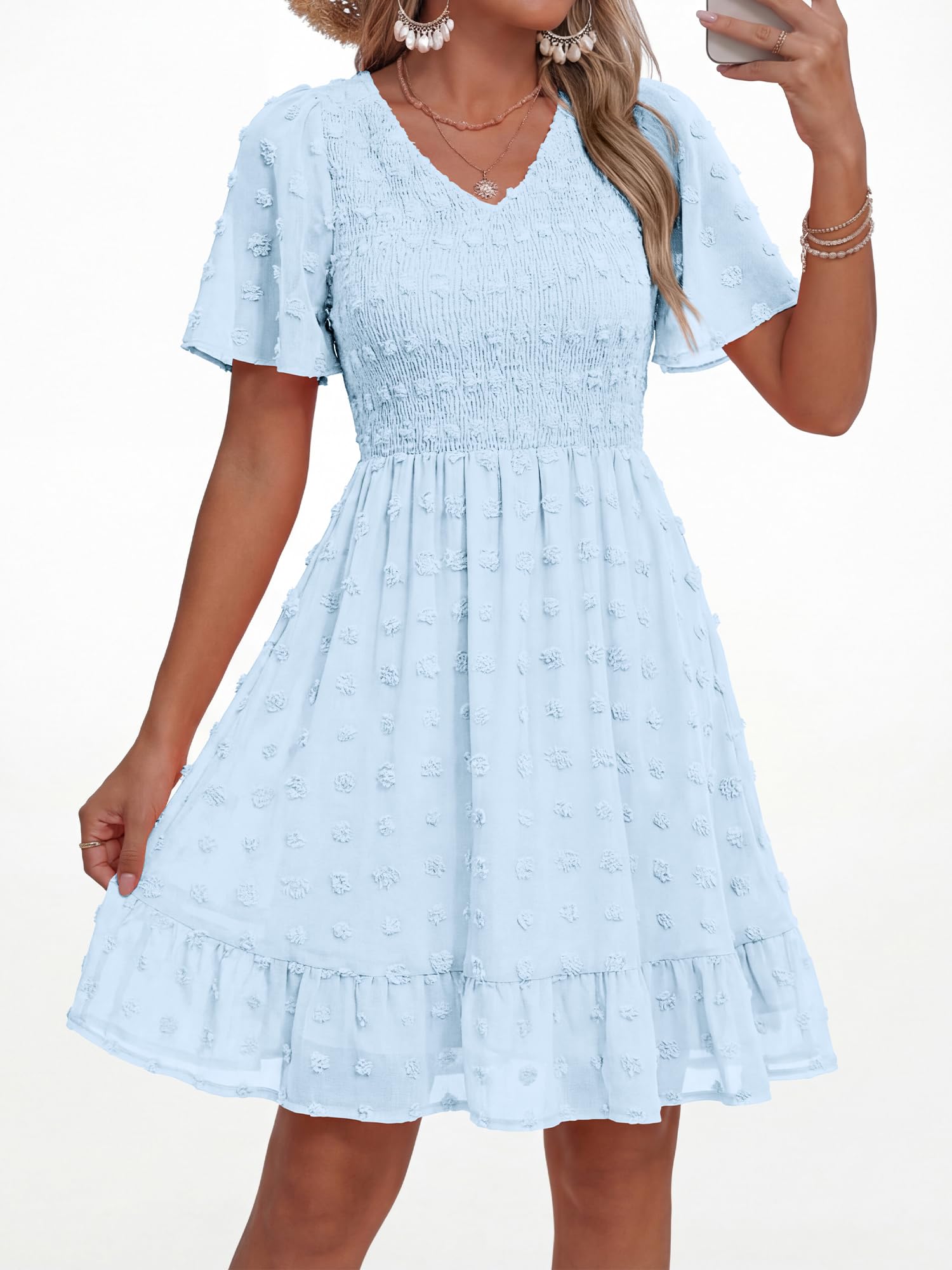 FreshPretty Womens Beach Vacation Dress Summer V Neck Short Sleeve Smocked Swiss Dot Ruffle Casual Mini Spring Dresses