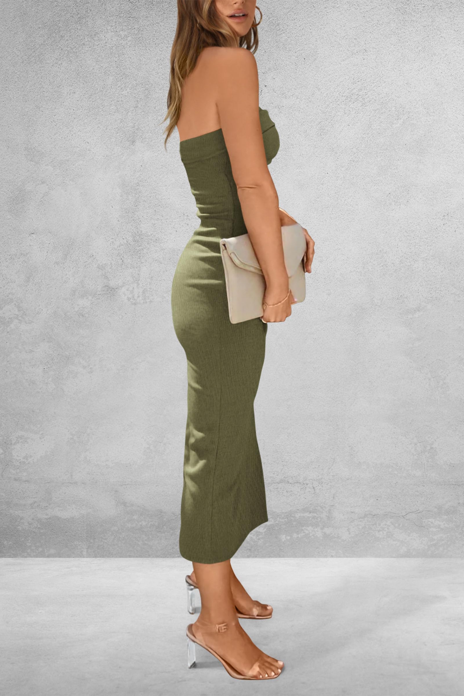 PRETTYGARDEN Women's Summer Bodycon Maxi Tube Dress Ribbed Strapless Side Slit Long Going Out Casual Elegant Party Dresses