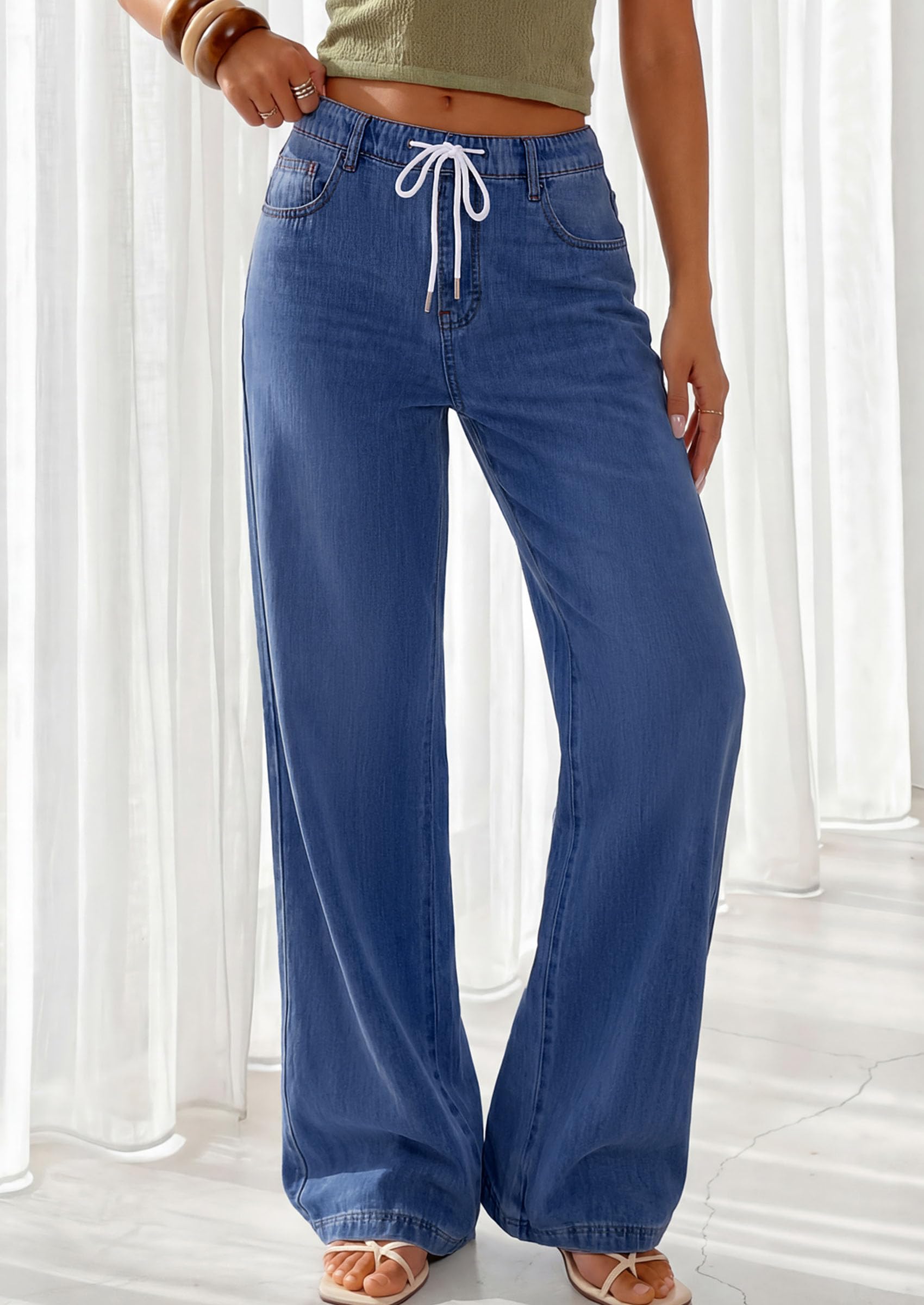 PRETTYGARDEN Womens Stretchy Drawstring Wide Leg Jeans | Casual High Waisted, Baggy Straight Fit, Long Denim Pants With Pockets, Work Office Daily Street, Chic All Seasons