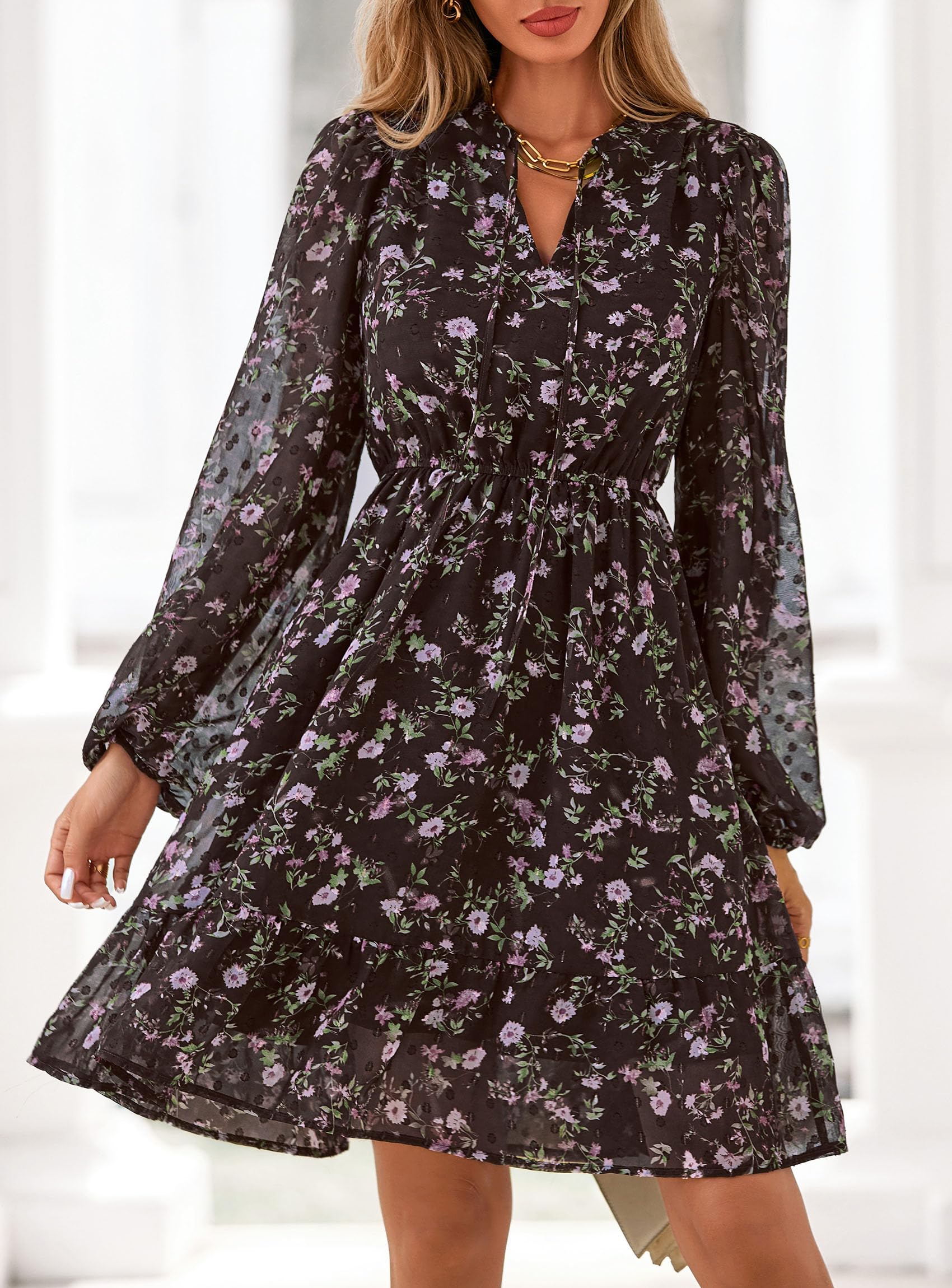 PRETTYGARDEN Women's Fall Boho Dresses  Floral Long Sleeve V Neck Mini Flowy Wedding Guest Dress Trendy Vacation Outfits