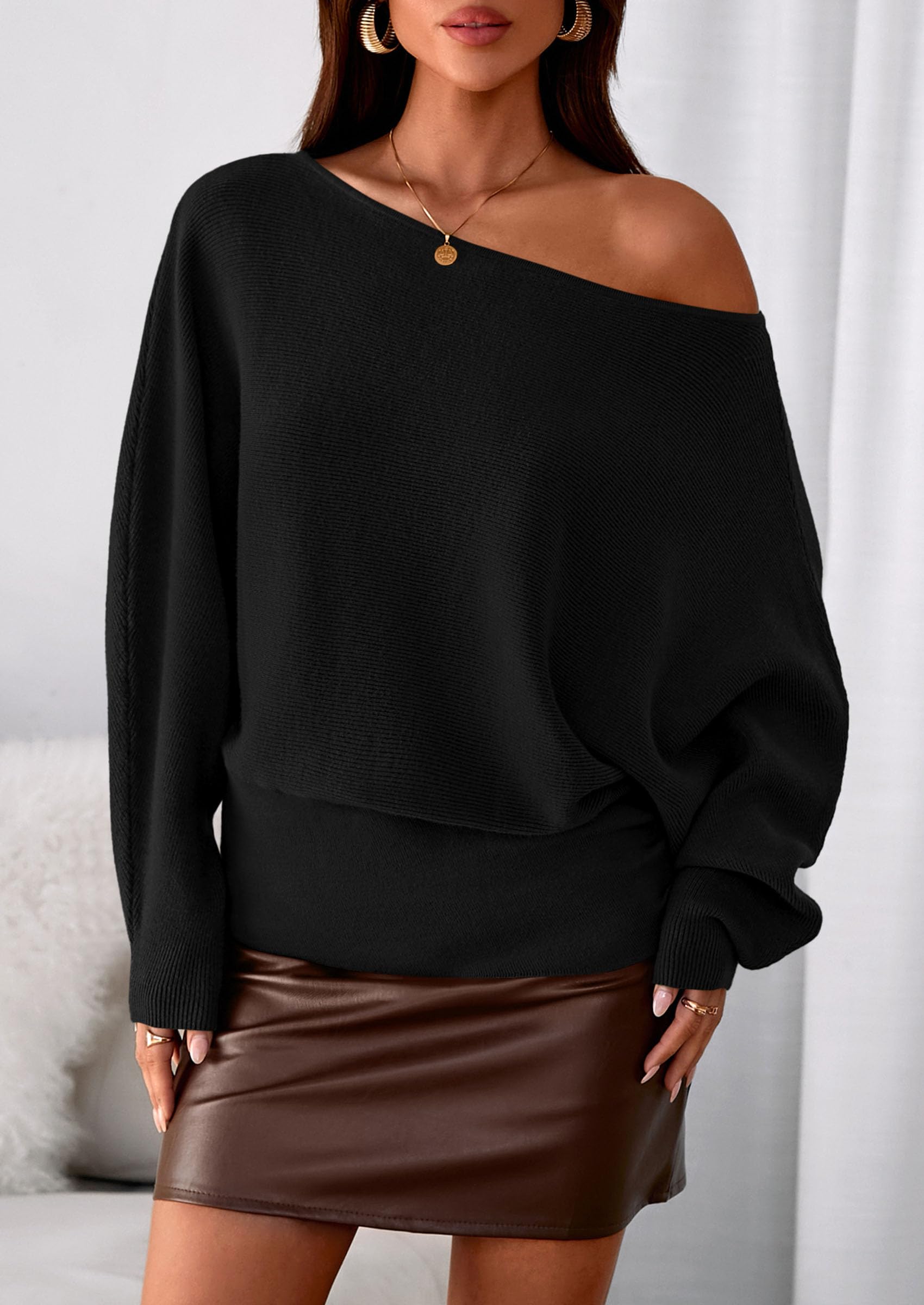 PRETTYGARDEN Women Off the Shoulder Sweater  Fall Trendy Long Batwing Sleeve Knit Pullover Going Out Tops Winter Clothing
