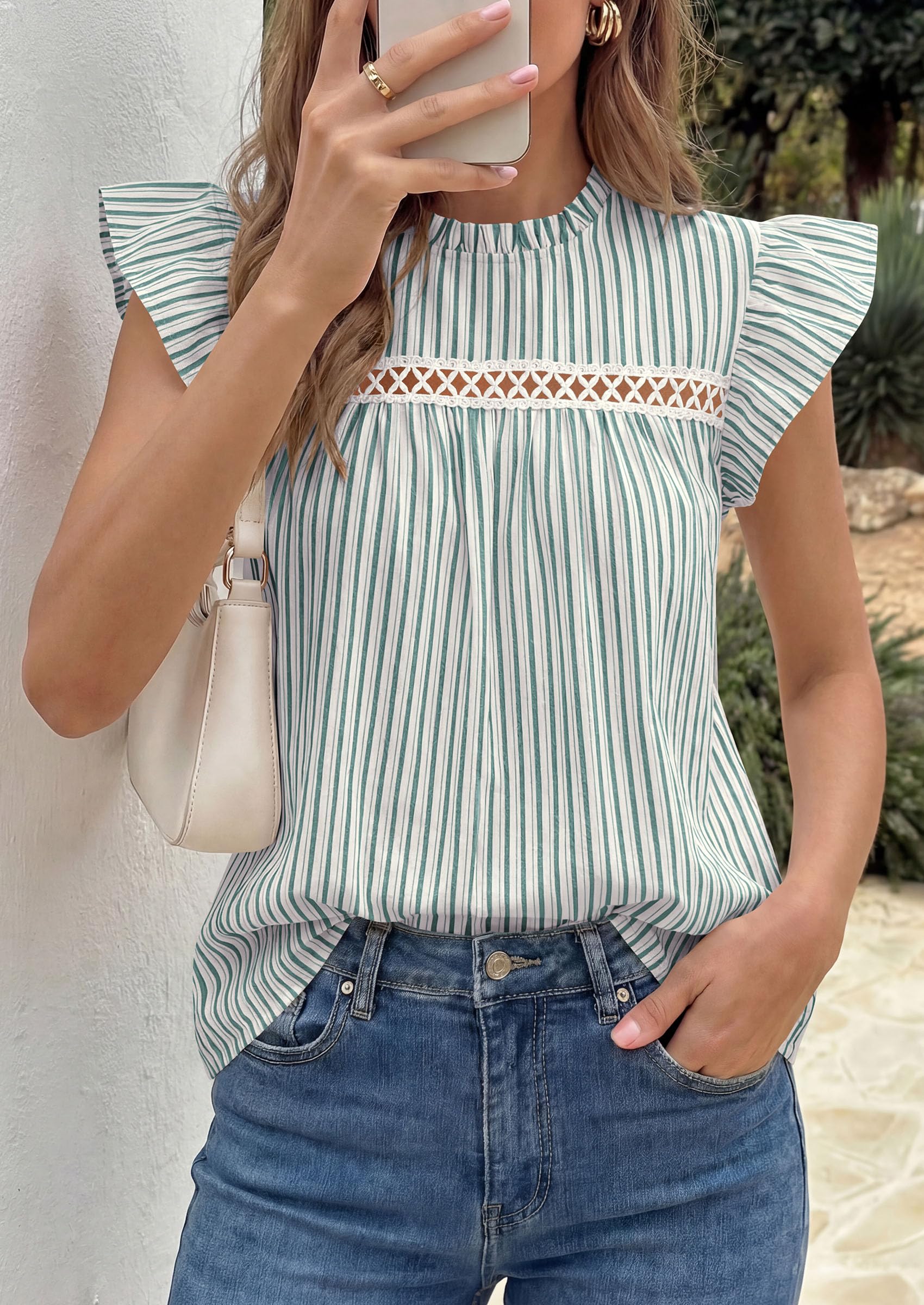 PRETTYGARDEN Striped Shirt Womens Summer Tops  Spring Business Casual Work Dressy Crochet Lace Ruffle Cap Sleeve Blouse