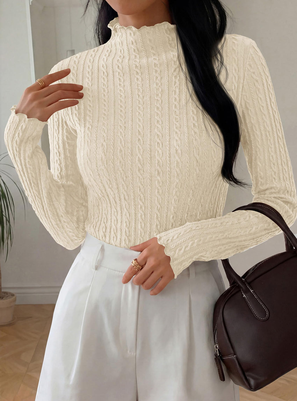 PRETTYGARDEN Women's Fall Long Sleeve Fitted Shirts | Comfy Stretchy Cable Knit, Trendy Lettuce Trim Mock Neck, Casual Basic Tees, Cute Layering Tops, 2026 Fashion Clothing