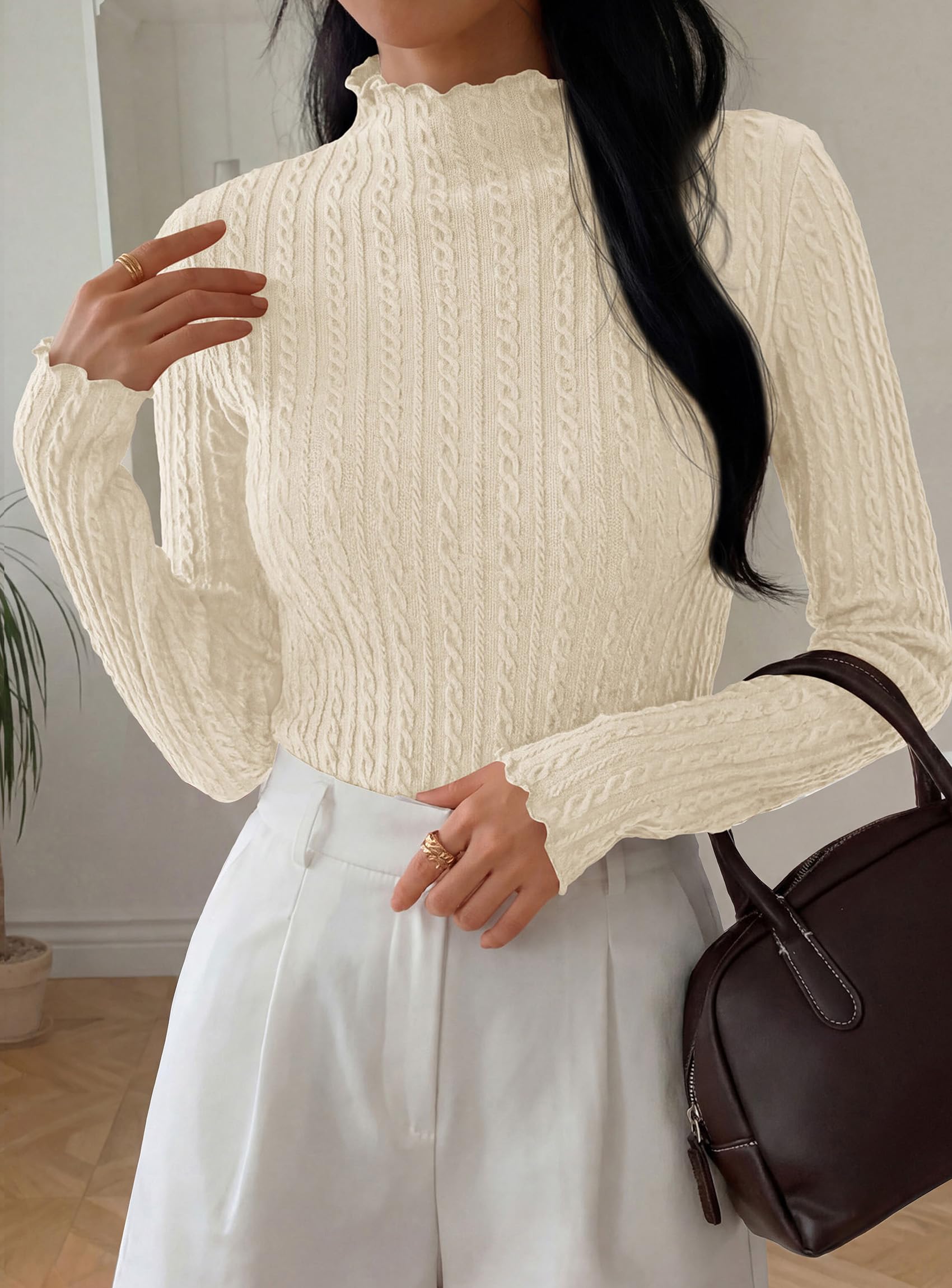 PRETTYGARDEN Women's Fall Long Sleeve Fitted Shirts | Comfy Stretchy Cable Knit, Trendy Lettuce Trim Mock Neck, Casual Basic Tees, Cute Layering Tops, 2026 Fashion Clothing