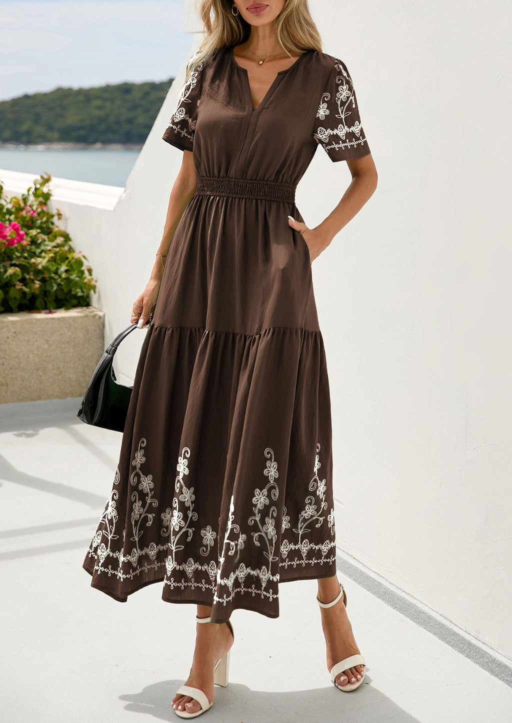 PRETTYGARDEN Women's Summer Boho Maxi Dress Spring Floral Short Sleeve V Neck A Line Flowy Beach Wedding Guest Dresses