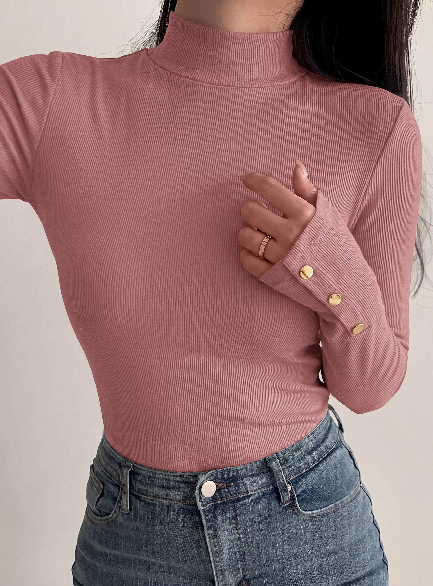 PRETTYGARDEN Women's Ribbed Mock Neck Long Sleeve Tops | Slim Fitted T-Shirts, Soft Stretch, Decorative Buttons, Going Out Work Casual Wear, Fall Outfits Layering Winter Clothes