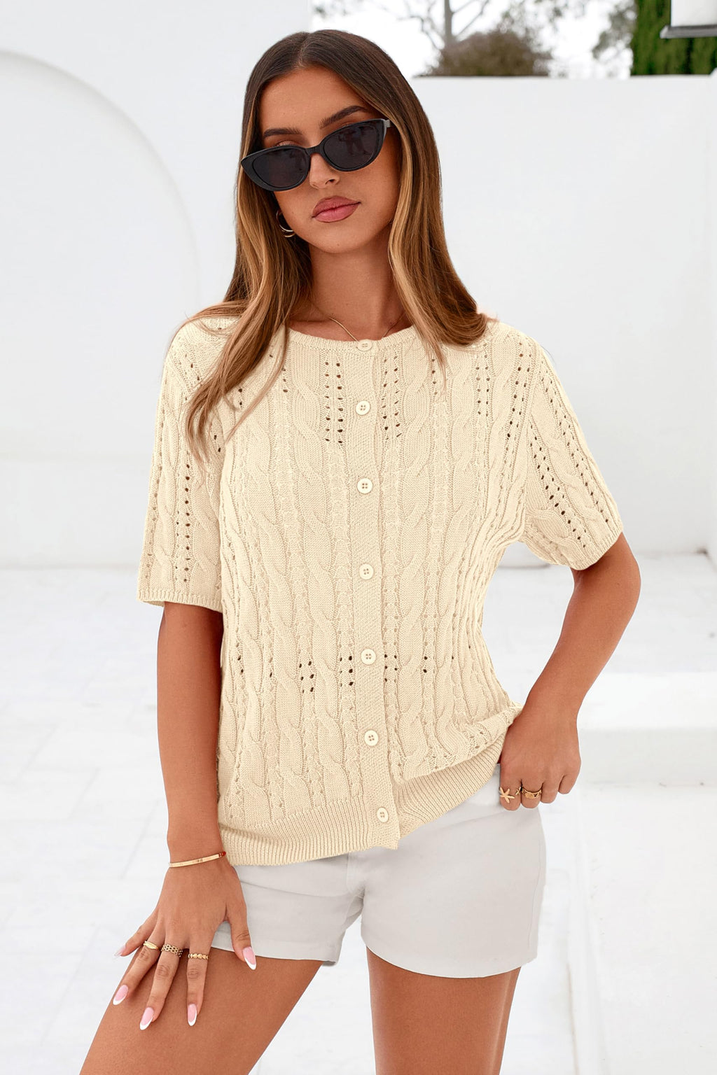 FreshPretty  Women Summer Cable Knit Crochet Cardigan Sweaters Casual Button Short Sleeve Sweater Cute Beach Hollow Out Knit Top