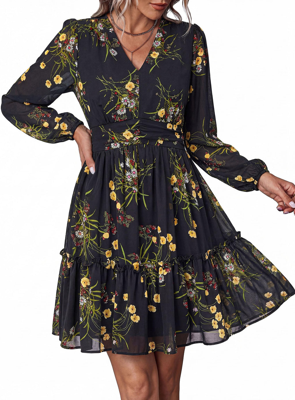 PRETTYGARDEN Women Floral Long Sleeve Mini Dress | Fall Wedding Guest Dresses, V Neck, Fit & Flare, Ruffle Hem A-Line, Short Chiffon Dress, Elegant Holiday Party, Date Outfits