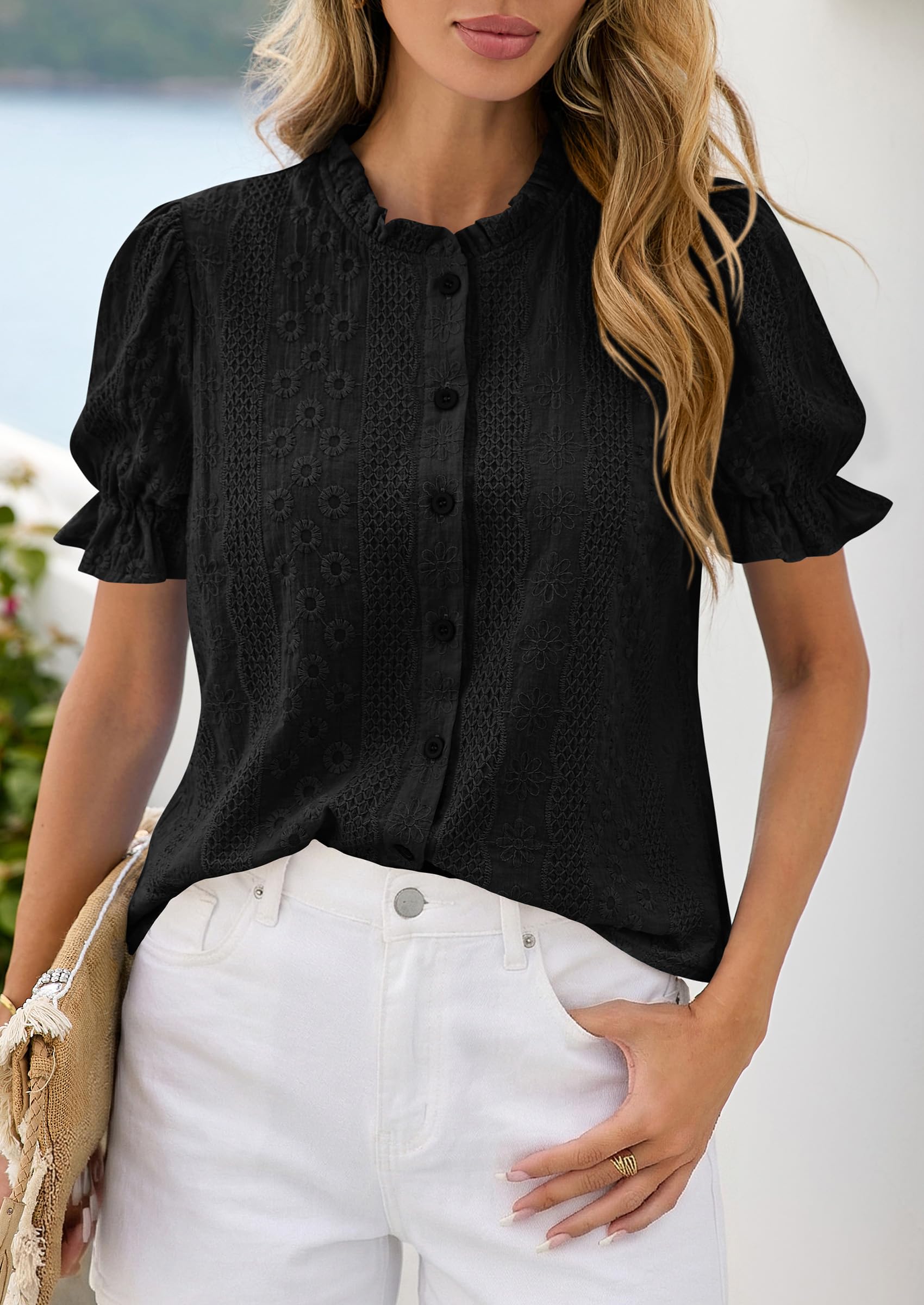 PRETTYGARDEN Womens Puff Short Sleeve Tops  Summer Spring Button Down Boho Embroidered Cute Blouse Dressy Casual Shirts