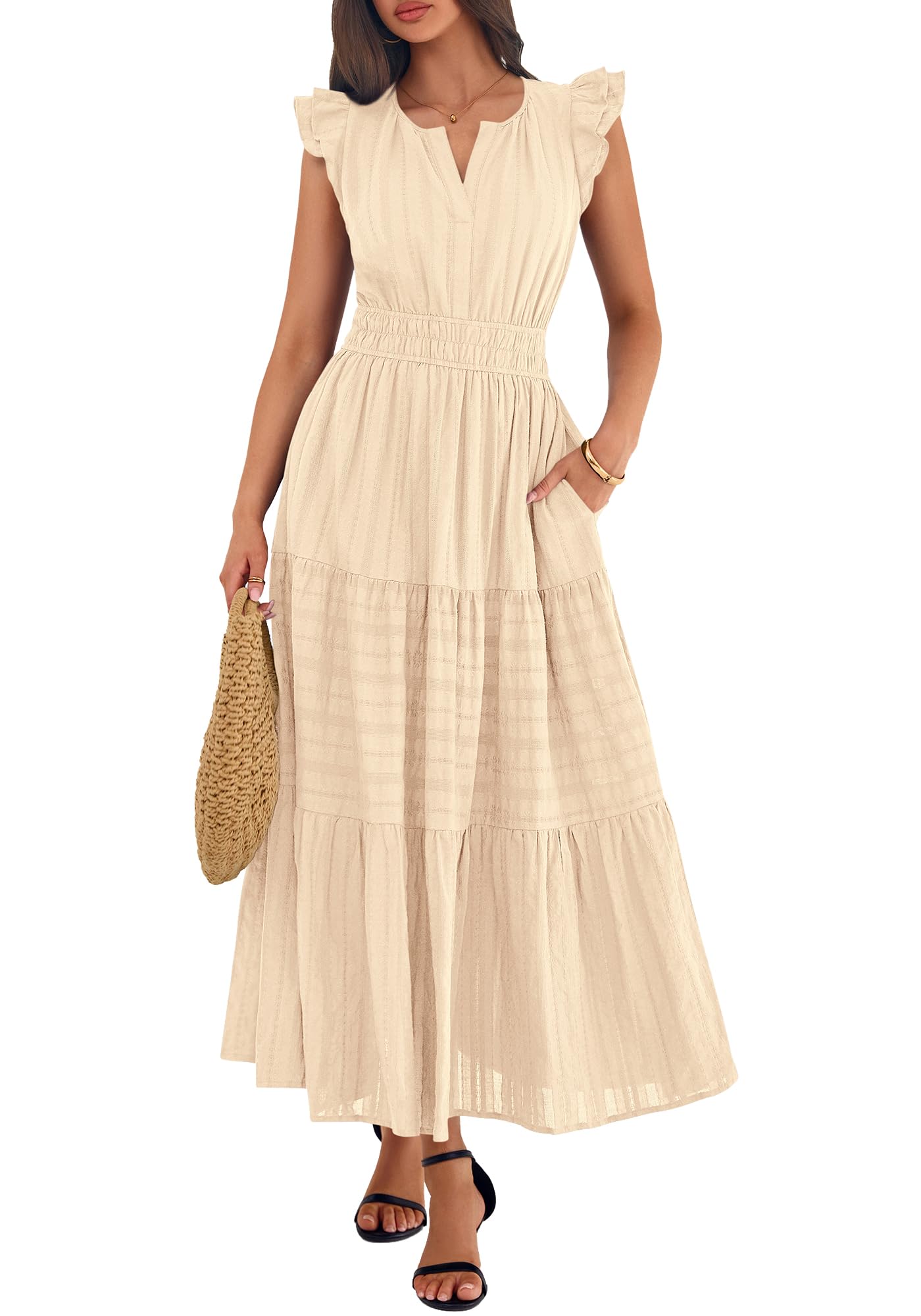 BTFBM Womens Summer Maxi Dress  Spring Boho Vacation Ruffle Flutter Short Sleeve A Line Tiered Flowy Dresses Pockets