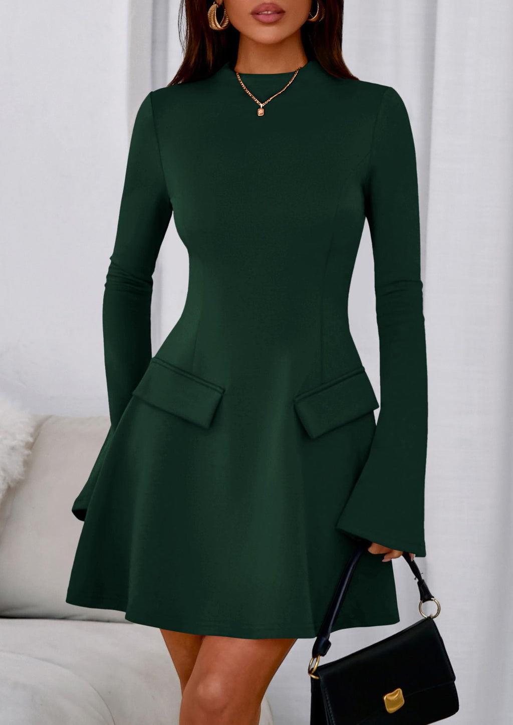 PRETTYGARDEN Women's Elegant Holiday Short Dress  Fall Bell Long Sleeve Mock Neck Work Business Casual Party Mini Dress